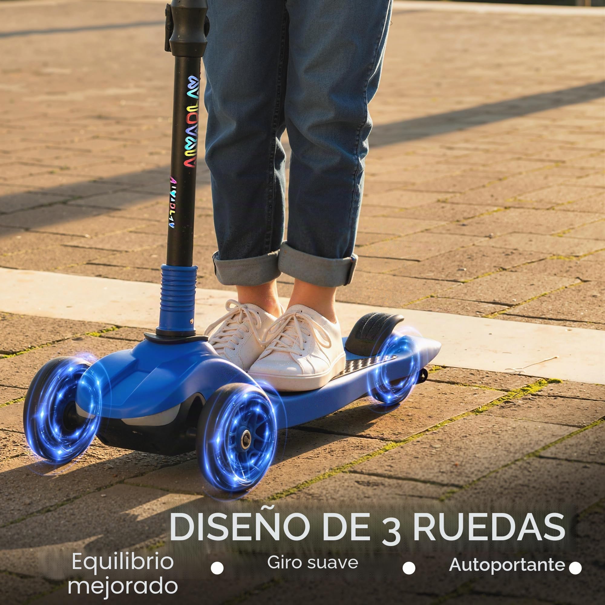 AIYAPLAY Patinete eléctrico para niños Plegable, Patinete eléctrico 6+ Años, 3 Ruedas, arranque cero, velocidad máxima 8 km/h, luces LED coloridas, autonomía 8 km, freno de pie, azul