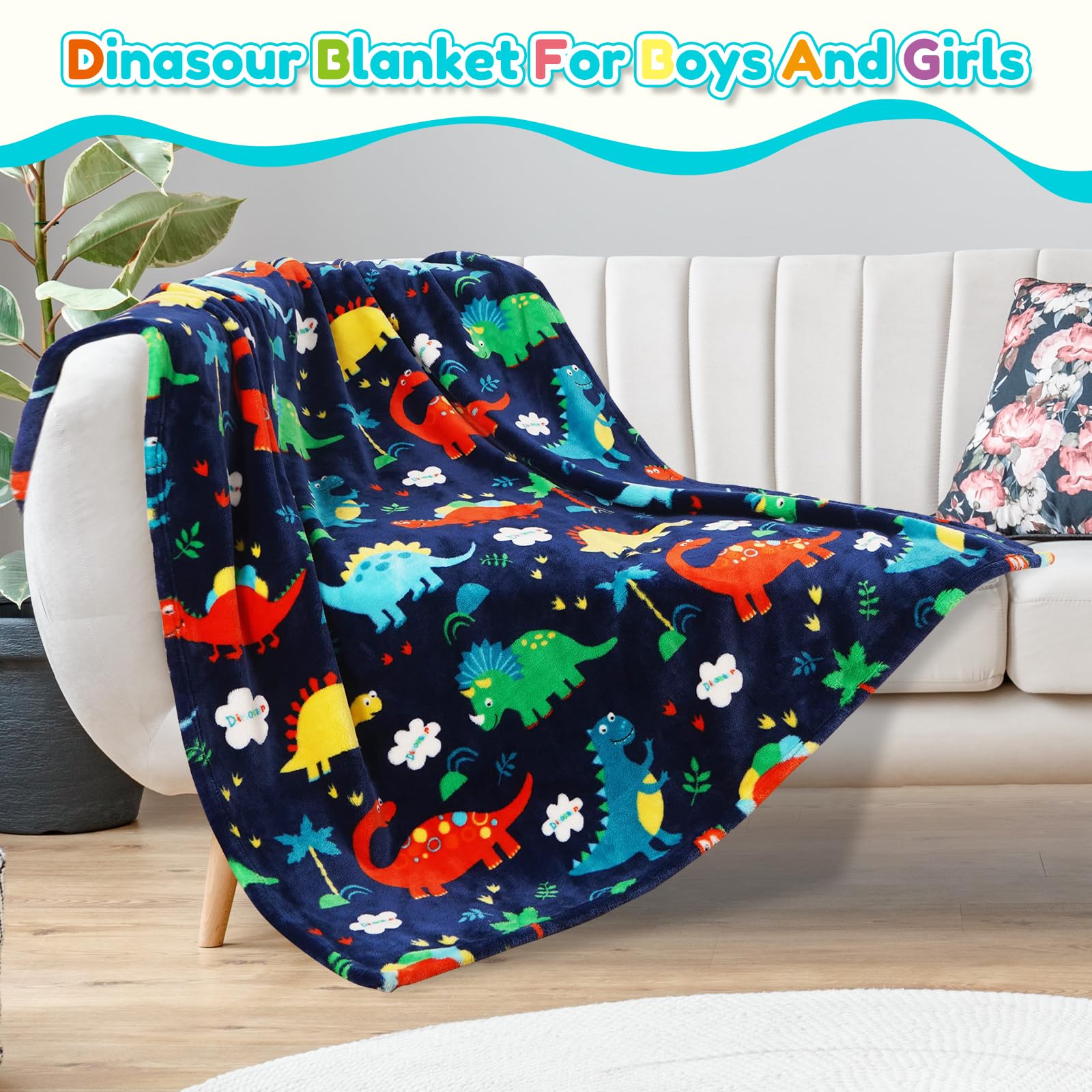 Edcooy Dinosaur Blanket for Boys Kids Throw Blanket for Boys and Girls Fluffy Cozy Dinosaur flannel Blanket with Vibrant Colors Cute Design - Image 2