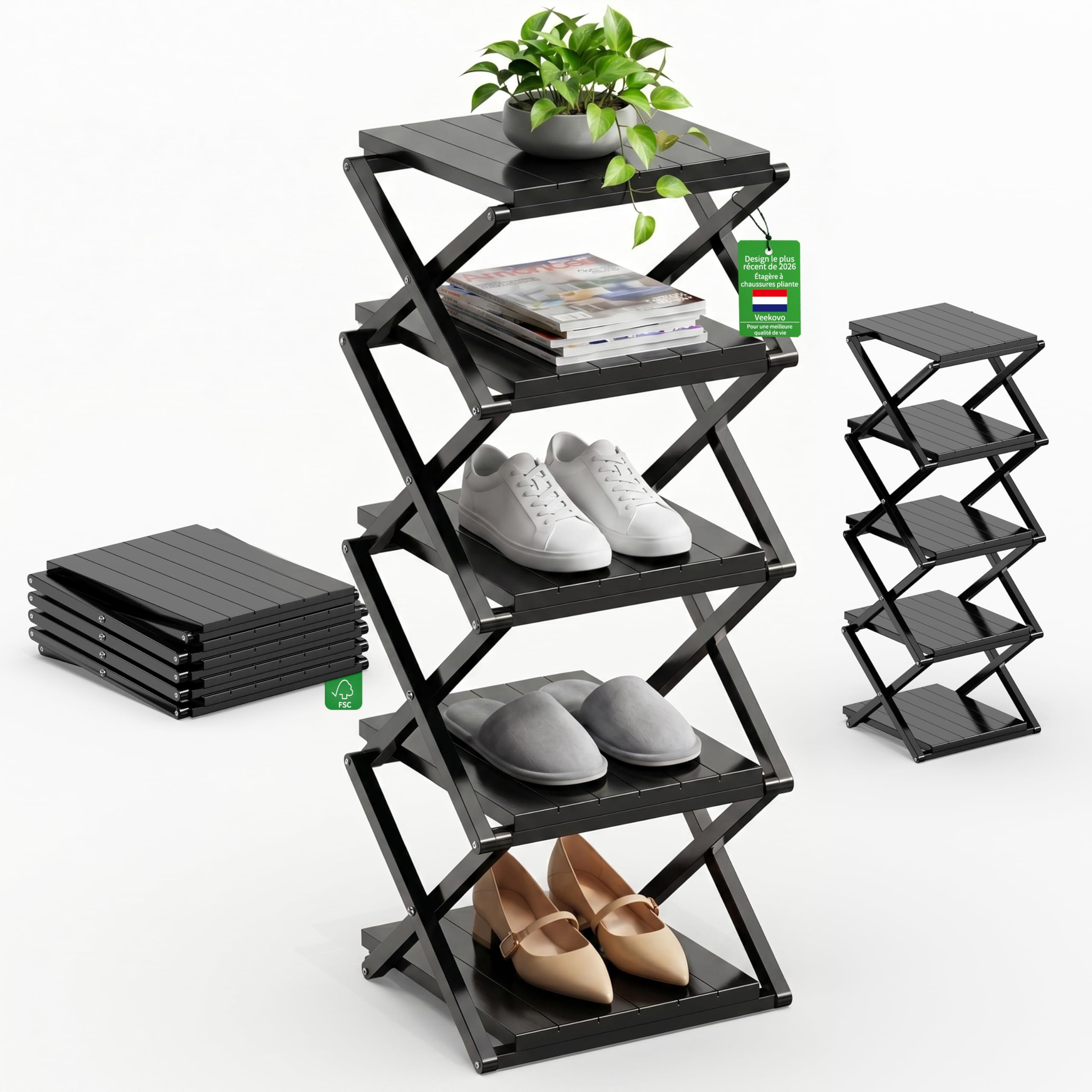 Étagère à chaussures en bambou noir à 5 niveaux pliable pour entrée