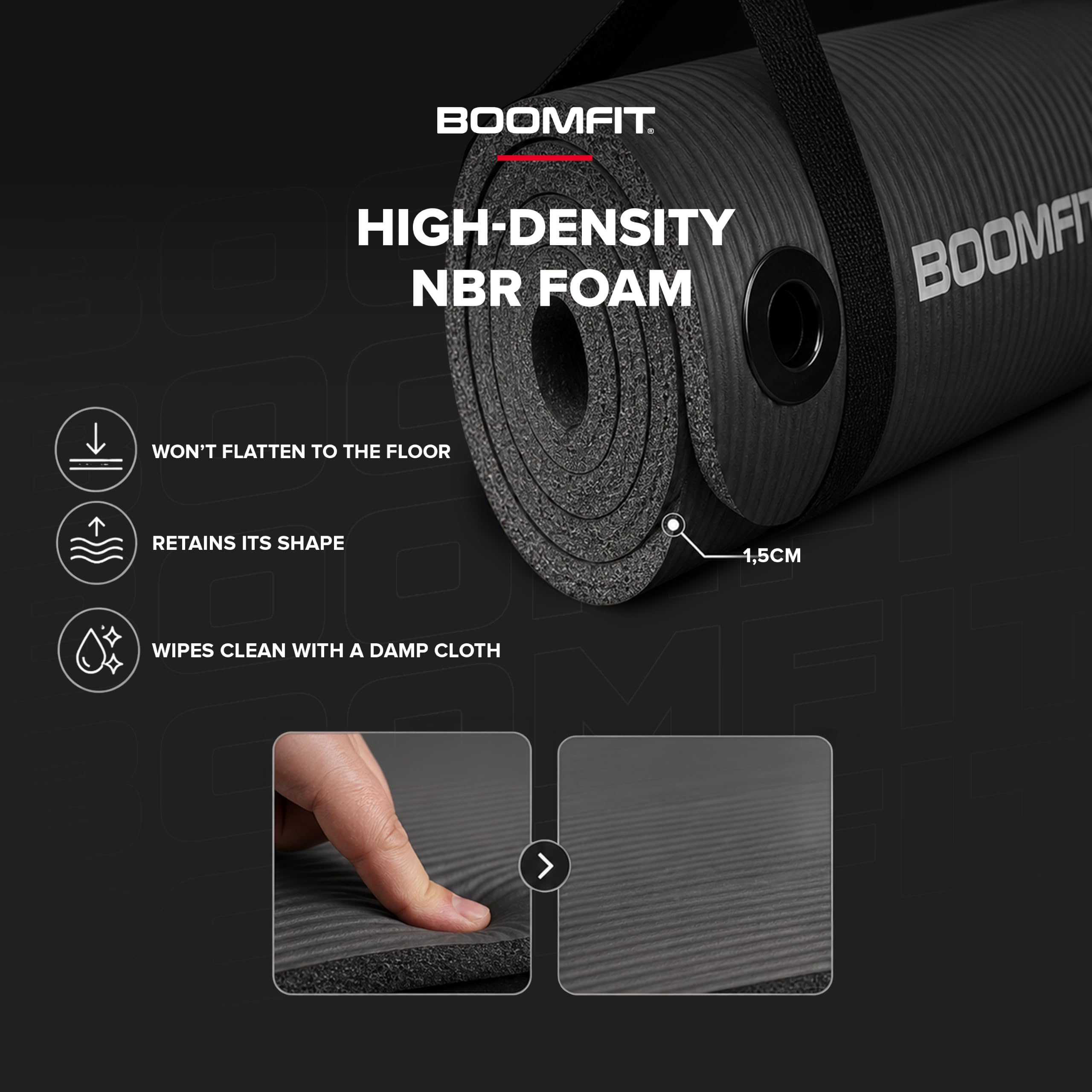 BOOMFIT Yogamatte & Pilatesmatte NBR rutschfest gepolstert mit Tragegurt