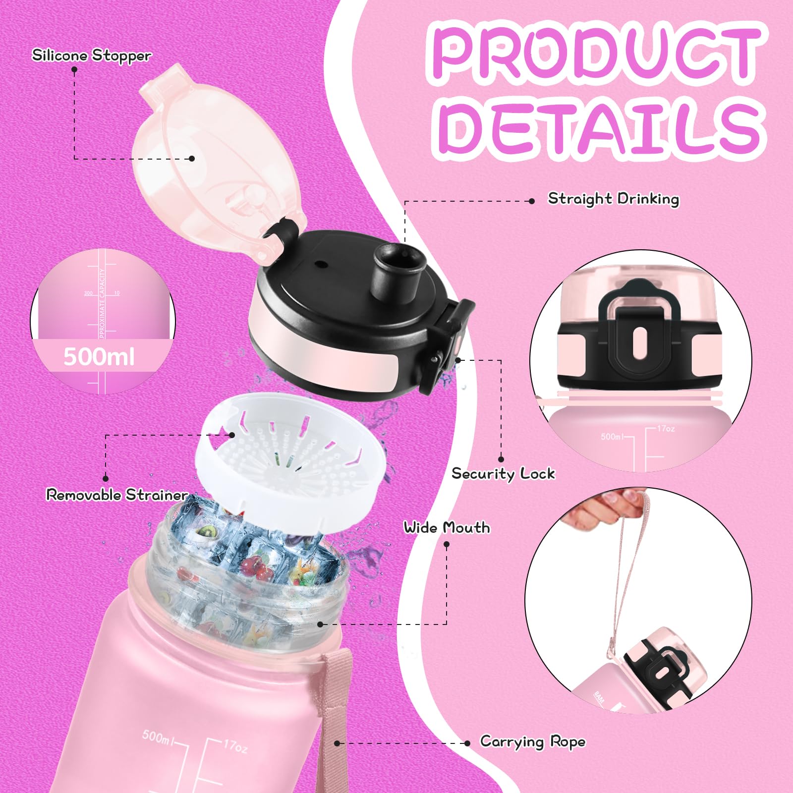 Trinkflasche Kinder- 500ml- Wasserflasche, Trinkflasche Kohlensäure Geeignet, Auslaufsicher, Wasserflasche mit Motivierendem Slogan, Water Bottle für Schule, Schwimmen, Büro, Running, Camping - 5