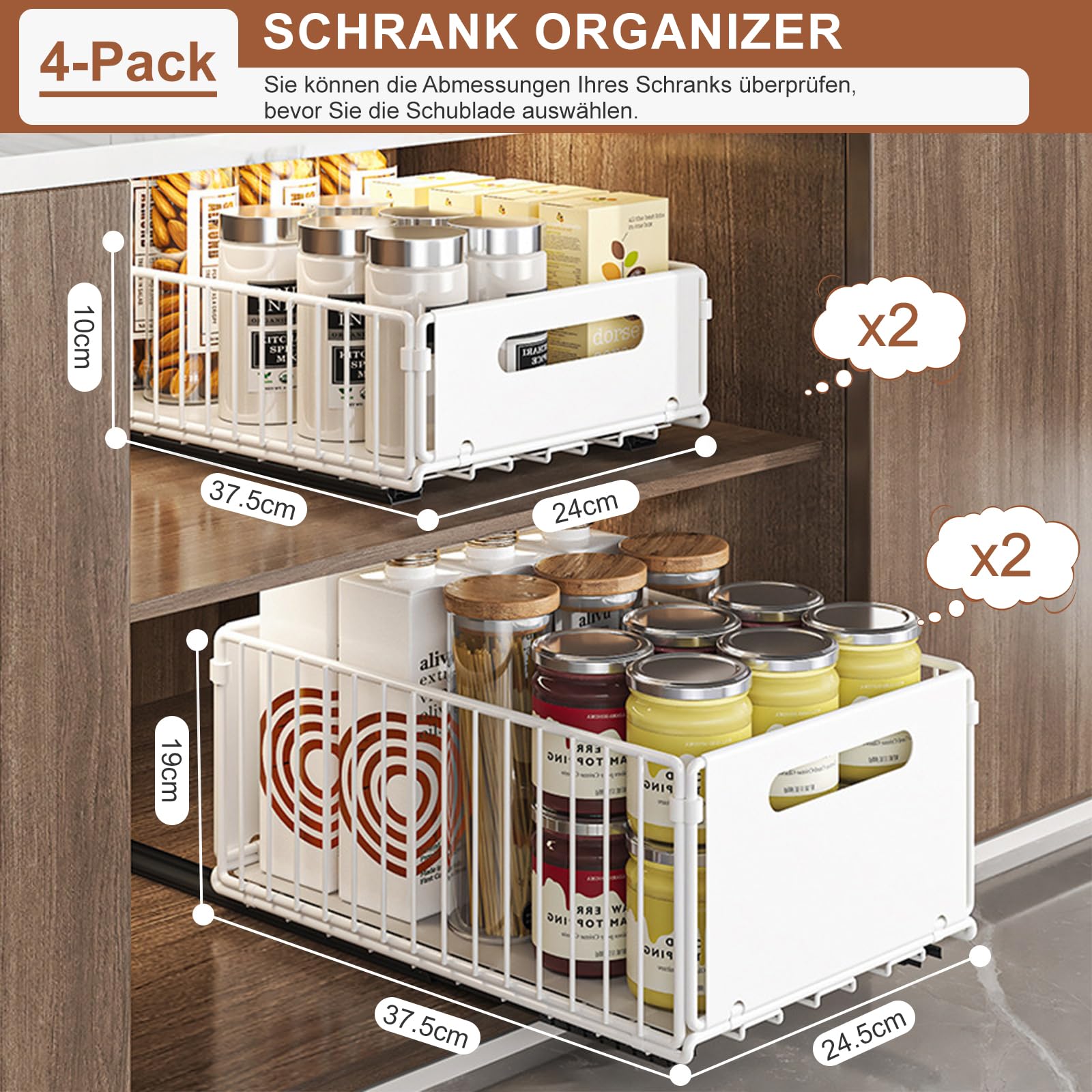 faltbarer ausziehbarer Schrank-Organizer, ausziehbarer Schrank-Organizer, ausziehbare Schubladen-Regalaufbewahrung für die Organisation von Küchenschränken (White, 2 Large + 2 Small)