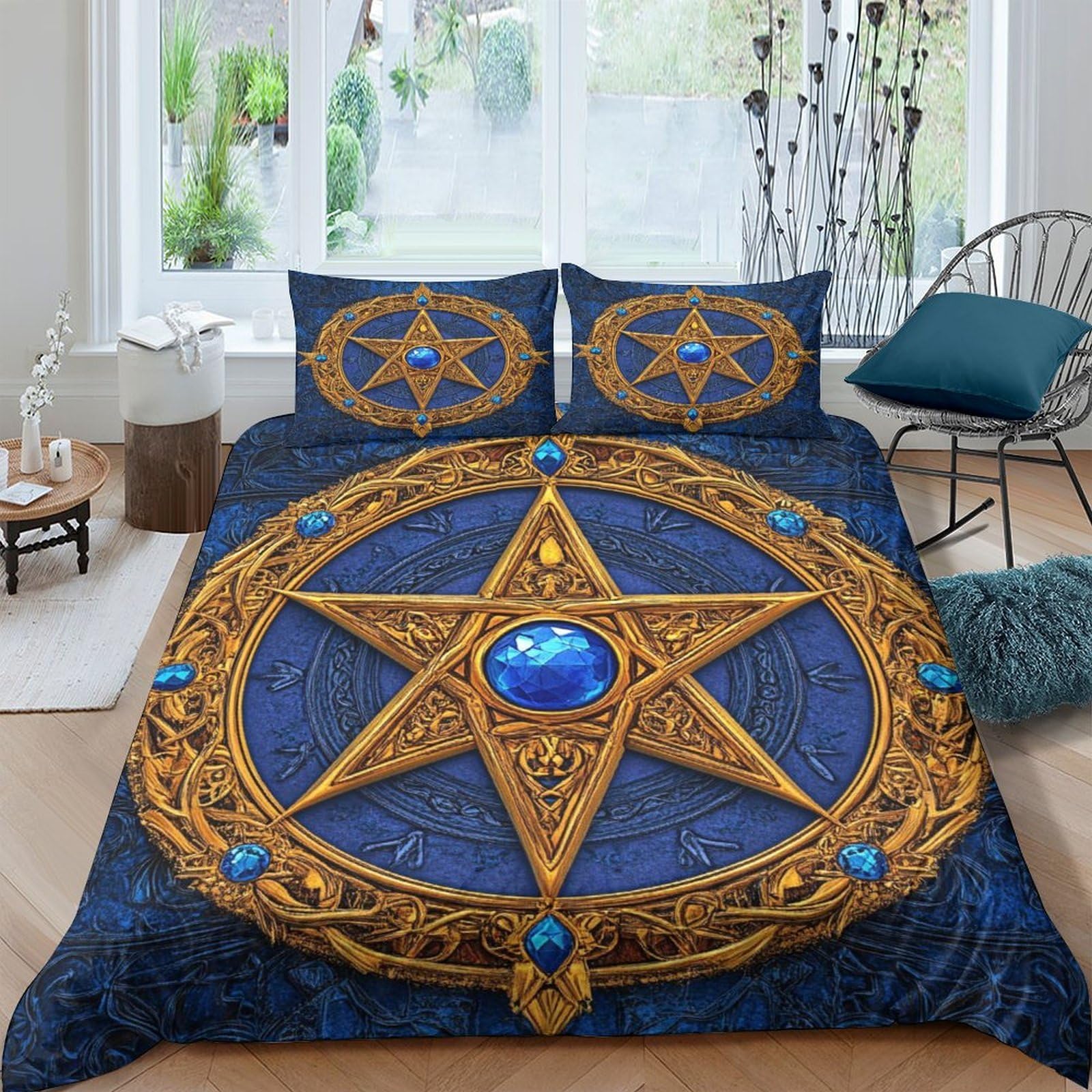 Ctjqhvkz Style-7 3D Printed Mystic Blue Pentagram Fitted Sheet Microfiber Soft Anti-Slip Medieval Star Bed Cover For Bedroom Dorm Mattress Protection Decor Single（135X200cm）