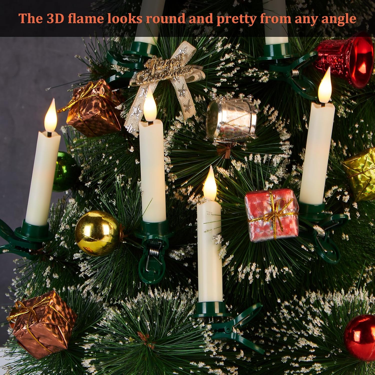 IMAGE 12Pcs LED Taper Candles Light Set Flameless 3D Wick Ivory Candles with Clip-on Christmas Tree Design, 10-Key Remote with Timer, Warm White Light, Battery Operated for Versatile Decoration