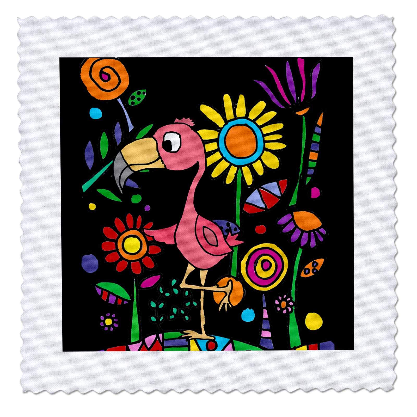 8x8 inch Quilt Square - Funny Cute Pink Flamingo in Colorful Flower Garden Nature Abstract Art Animals