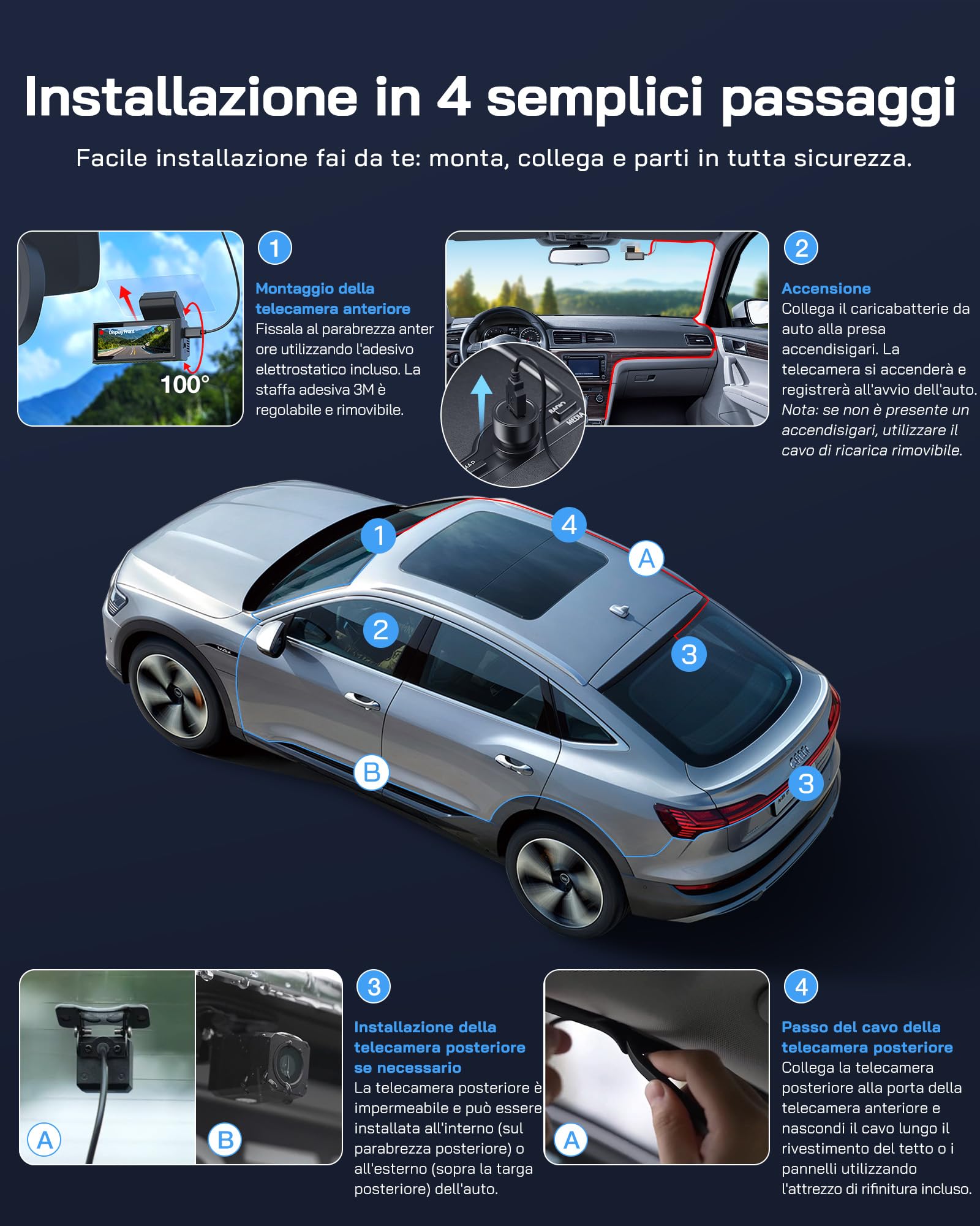 WOLFANG Dash Cam Auto 4K, Doppia Telecamera WiFi per Auto, Schermo da 3", Super Dashcam con Visione Notturna, Monitor di Parcheggio, Sensore G, 170° Grandangolo, WDR, Scheda SD 32G