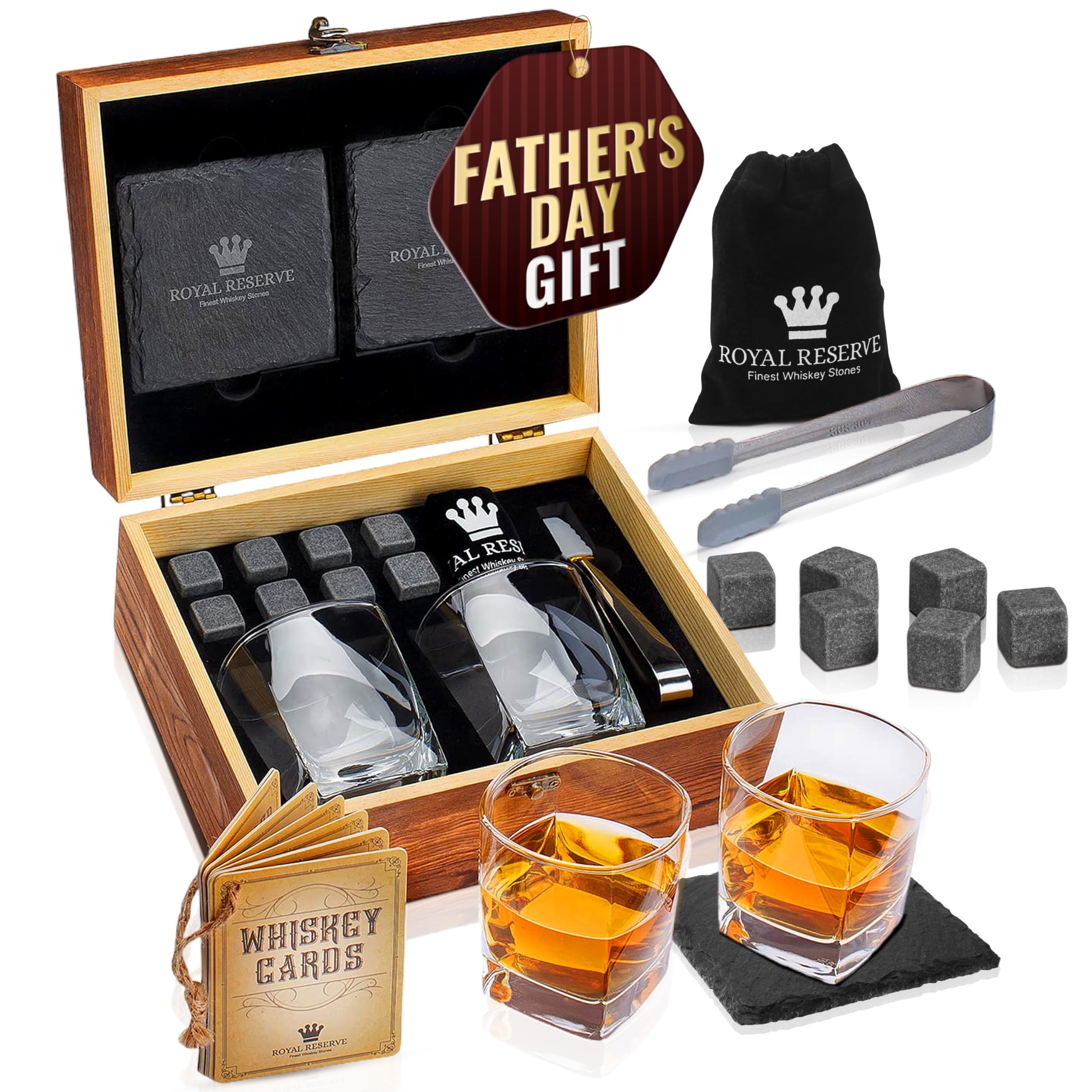 Set Whisky Regalo Uomo – Set Bicchieri da Whisky, Cubetti di Ghiaccio Riutilizzabili Pietre, Sottobicchieri, Pinza per Ghiaccio, Scatola di Legno, Sacchetto di Velluto, da Royal Reserve