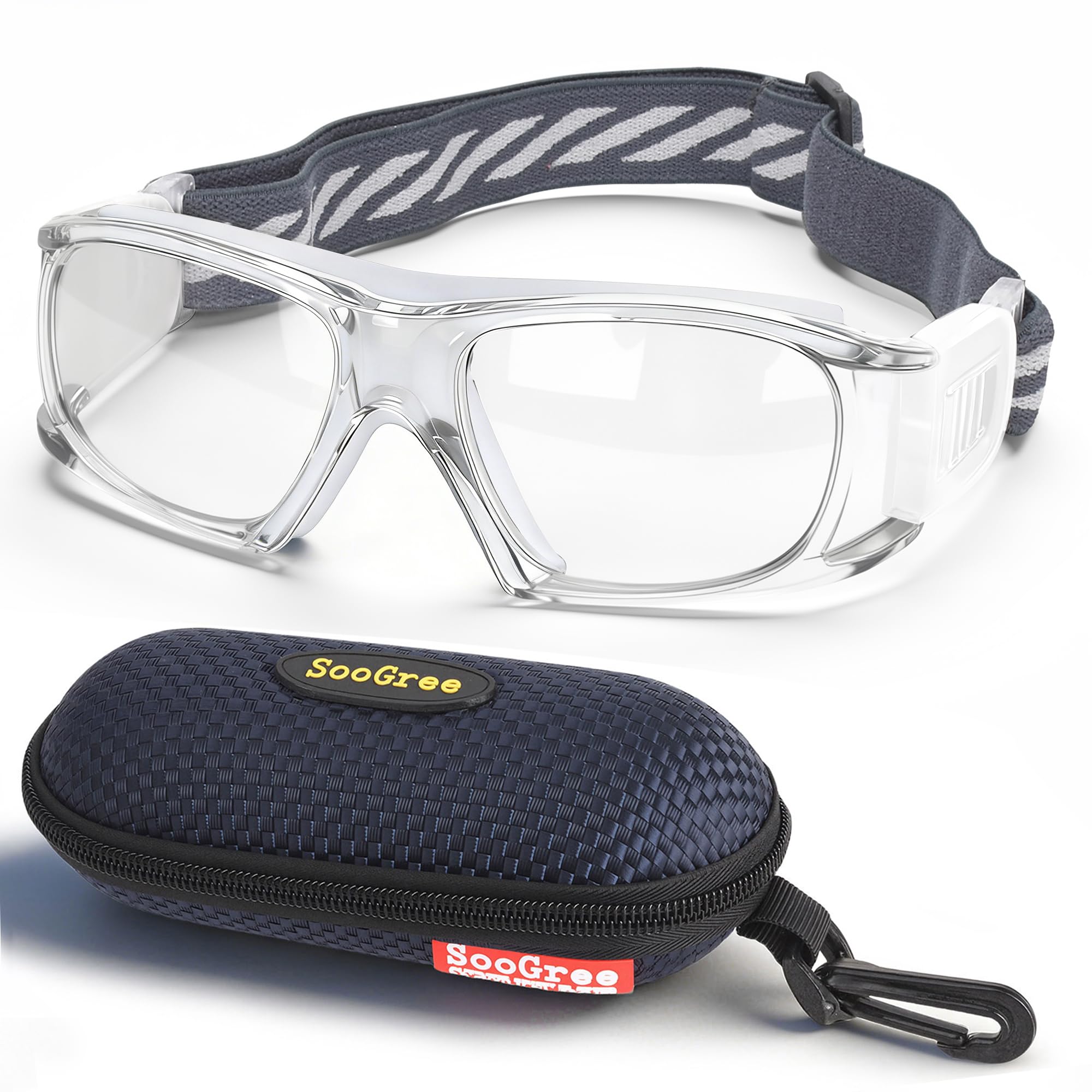 SooGree Okulary sportowe dla mężczyzn kobiet koszykówka piłka nożna sporty przeciwmgielne wstrząsy kolizja okulary przenośne okulary (przezroczysta ramka, biała podkładka)