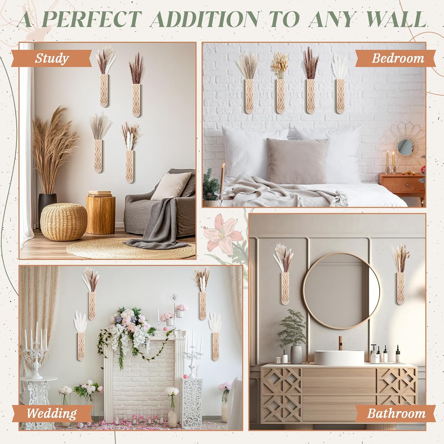 4 Pack Wooden Wall Planter with 110 Pampas Grass Modern Boho Wall Decor for Living Room Bedroom Bathroom Entryway, Farmhouse Rustic Art Vase for Dried Flower Faux Plant Home Office Decor