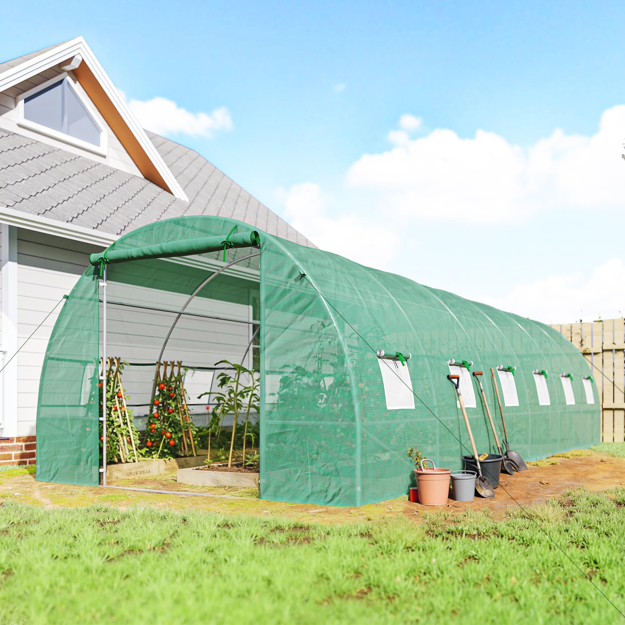Outsunny Invernadero de Exterior Invernadero de Túnel 8x3x2 m Invernadero de Jardín con 12 Ventanas y Puerta Enrollable para Cultivo Plantas Tomates Verduras Acero y PE 140 g/m² Verde