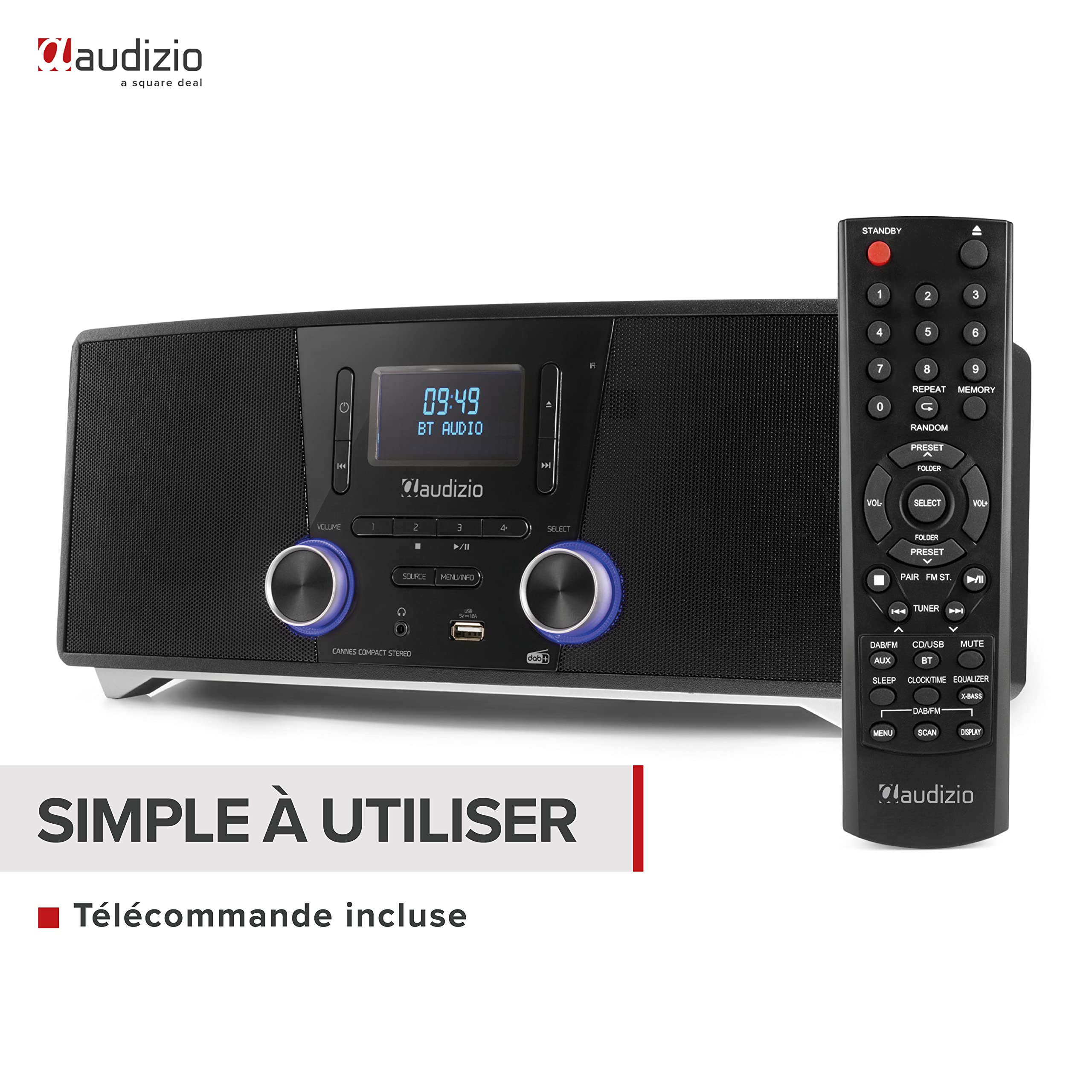 Audizio Cannes Radio Dab+ et FM, Bluetooth, Lecteur CD, Radio Réveil, Port USB, Haut-Parleurs Intégrés, Télécommande, Idéale pour Écouter la Radio et Votre Musique à la Maison