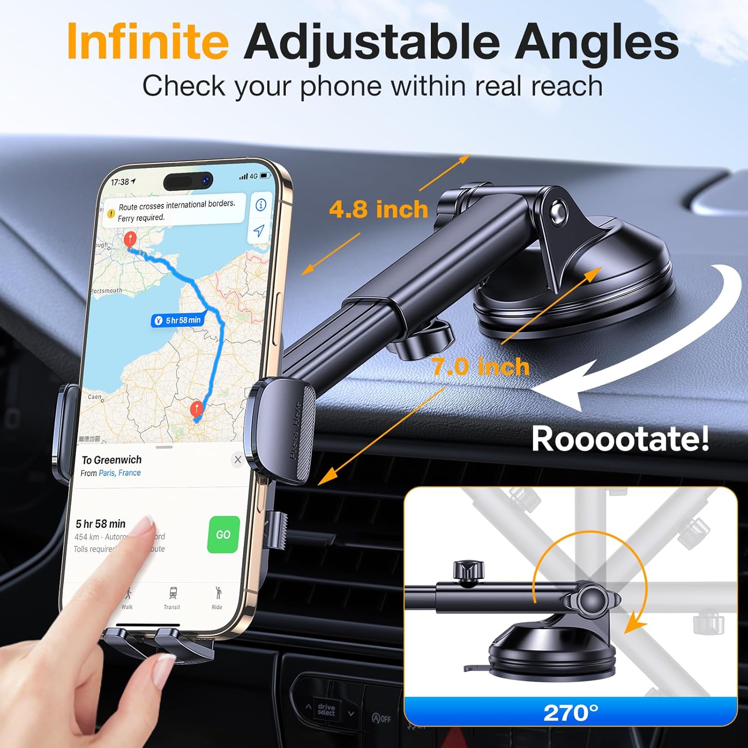 Romuto Phone Holders for Your Car Phone Holder Mount【Super Suction】Cell Phone Mount for Car Accessories for Women Men Windshield/Vent/Dash Truck Stand Desk Mount Clamp Holder for iPhone Samsung Camera