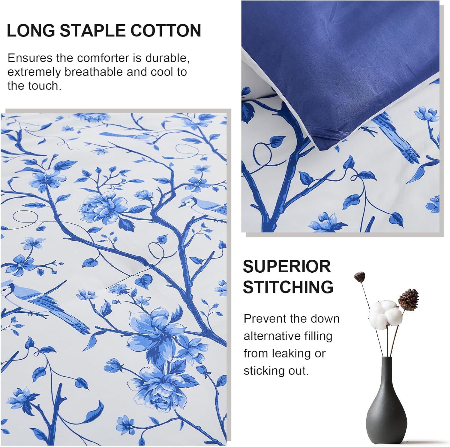 Queen Size Comforter Set, 100% Long Staple Cotton Blue Floral Branch Comforter Reversible Farmhouse Soft Quilted Bedding Sets Down Alternative with 2 Pillow Shams for All Season