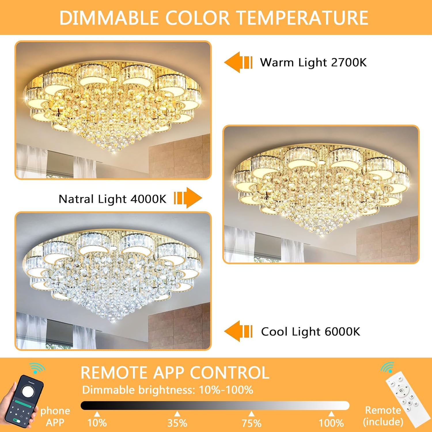 47" Gold Modern Crystal Chandeliers for Dining Room LED Dimmable Light Fixtures Flush Mount Light Living Room Bedrooms