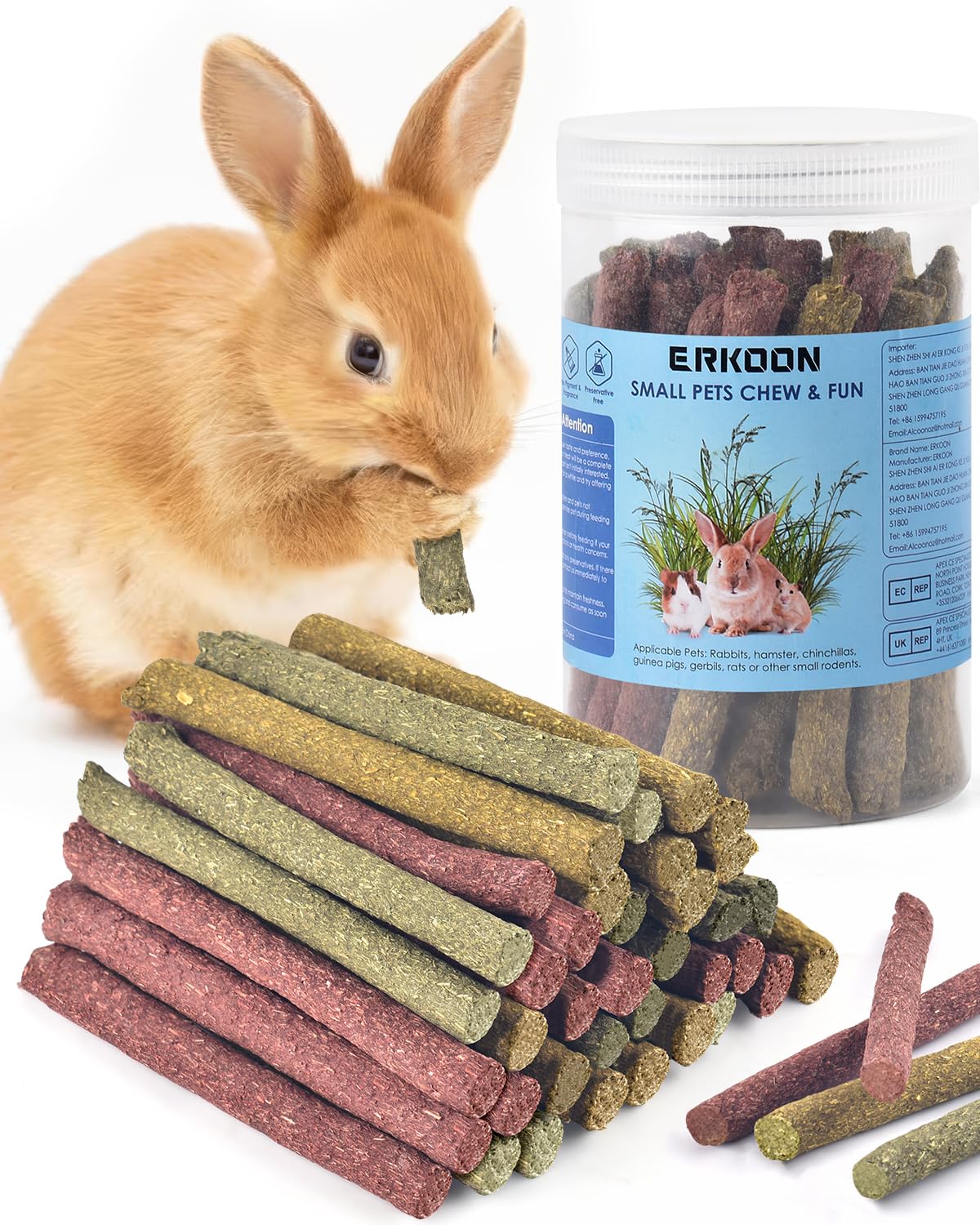 ERKOON 38pcs Bunny Chew Toys for Teeth Natural Timothy Hay Sticks Chinchilla Chew Toy for Rabbits Guinea Pigs, Gerbil, Hamster