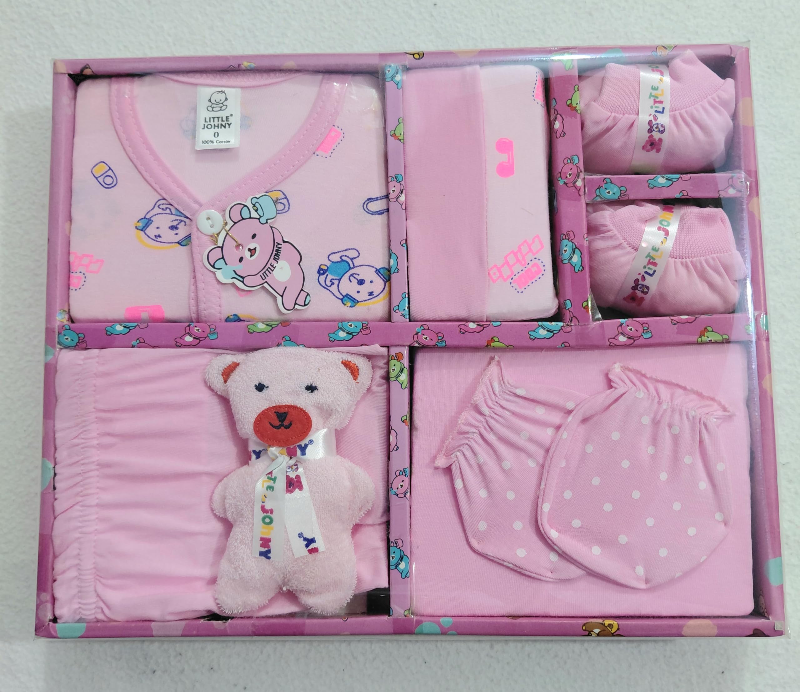 Little Johny Newborn Baby Gift Hamper Set, 100% hoziary Cotton (Pink,) | Teddy Toy Included, Mittens & Booties-image-30