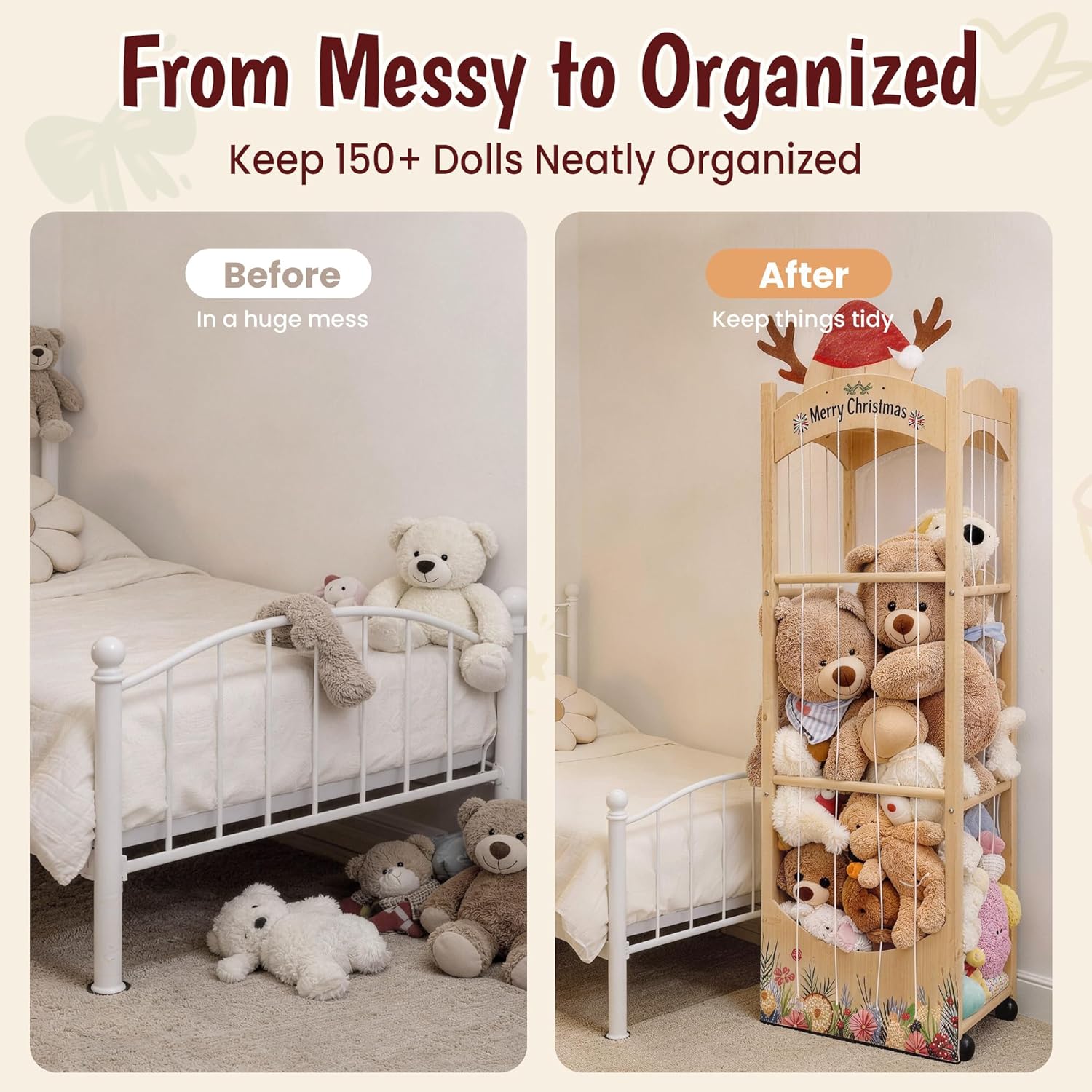 Stuffed Animal Storage,Christmas Reindeer Stuffed Animal Organizer, Movable Stuffed Animal Holder with Elastic Cords for Nursery Playroom Kidroom Bedroom - Image 5