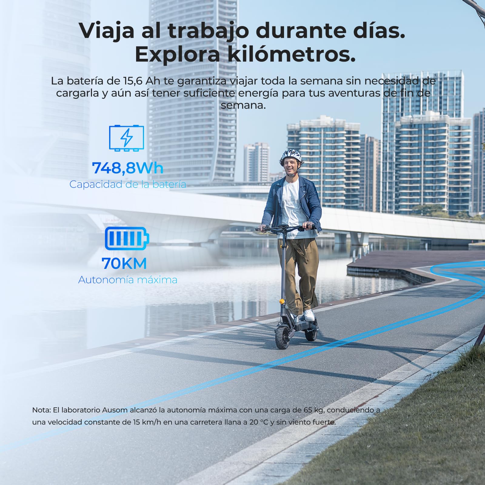 Patinete Eléctrico Ausom L2 de 10 Pulgadas con batería de 48 V y 15,6 Ah, 70 km de autonomía, E-ABS + Frenos de Disco, protección antirrobo NFC, Aventuras y desplazamientos urbanos (Motor único)