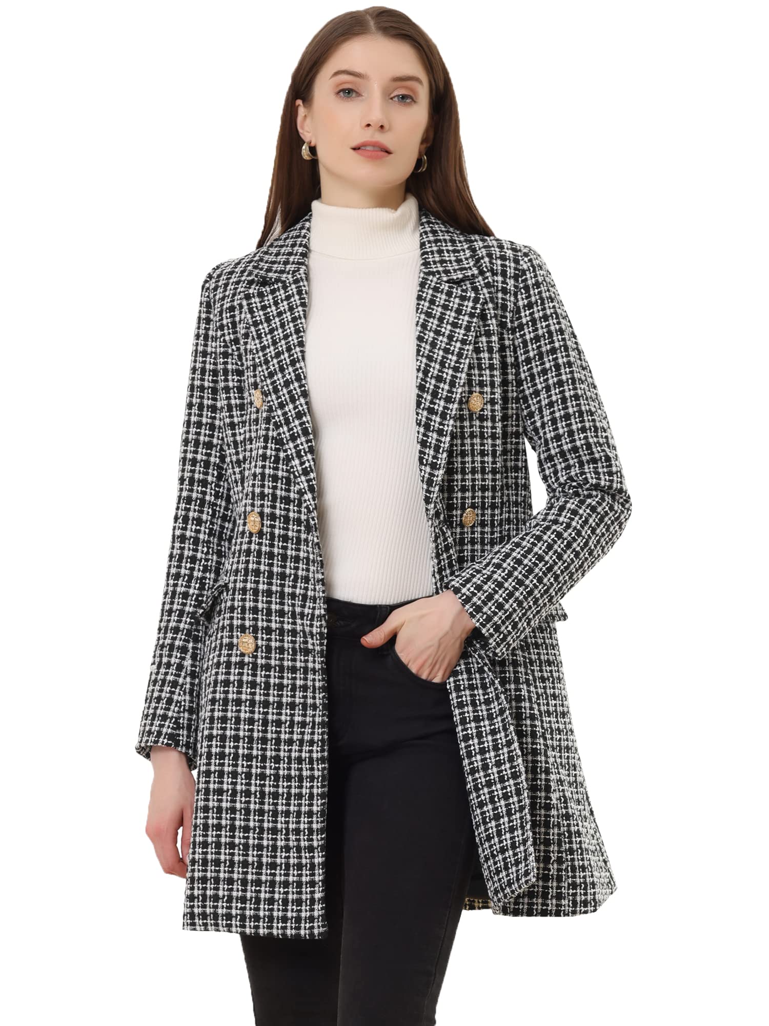 Allegra K Womens Tweed Blazers Elegant Double Breasted Long Jacket Outerwear Plaid Coat
