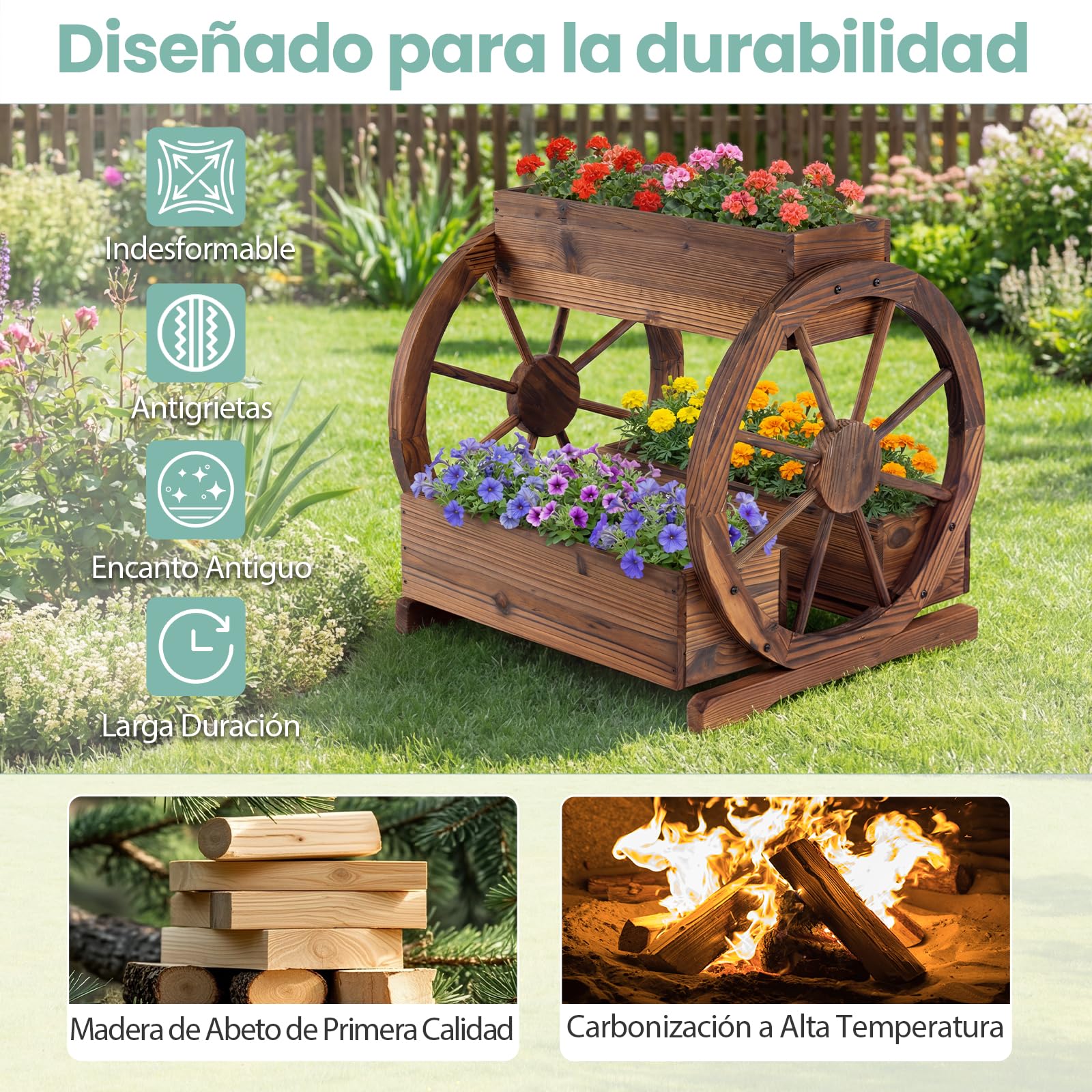 COSTWAY Cama de Jardín Elevada de 2 Niveles, Macetero de Madera Decorativo con 3 Cajas de Cultivo, Orificios de Drenaje y Ruedas, Maceta para Flores, Verduras Hierbas, Exterior e Interior