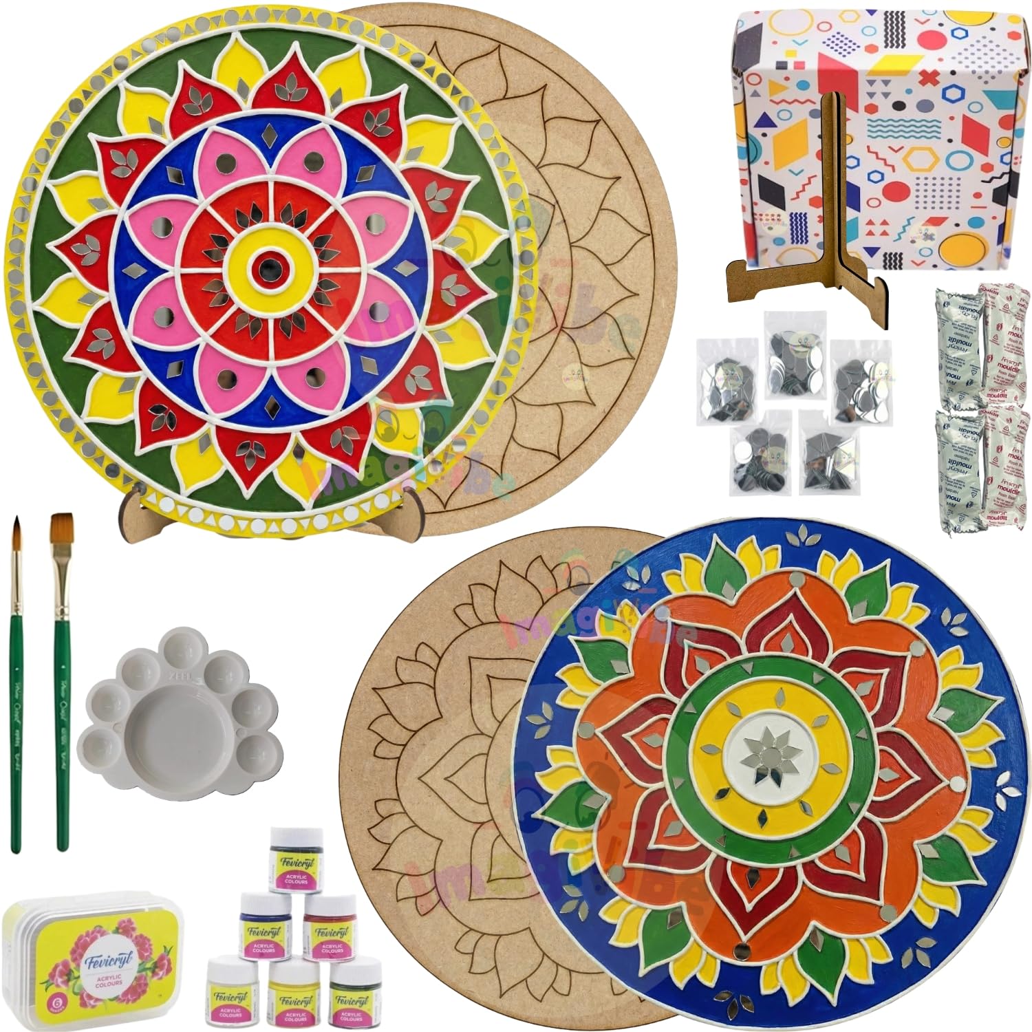 ImagiVibe DIY Lippan Art Kit for Kids and Adults | 2 Pre-Marked 12 Inch MDF Boards with Stand | Indian Folk Art Craft Kit with Clay Mirrors and 6 Non-Toxic Acrylic Paint Colors | Wall Decor DIY Gift Kit (12inch Acrylic Colors)