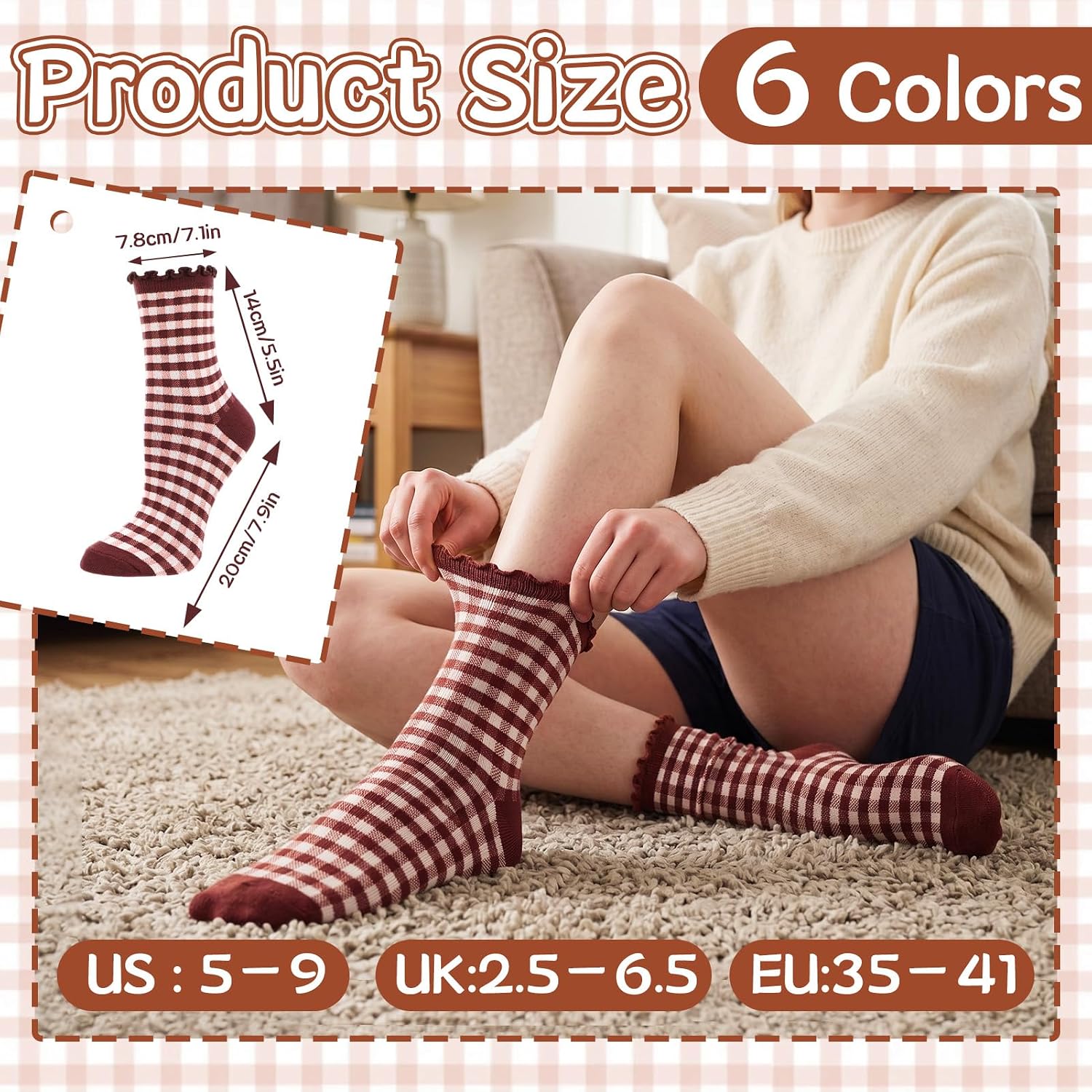 Women Ruffle Striped Frilly Socks Cotton Checkered Crew Socks | Cute Frilly Stripes Checker Design,Soft Stretchy Cotton Blend,Quality Comfort, Ladies Girls Retro Casual Wear Gifts,US Women