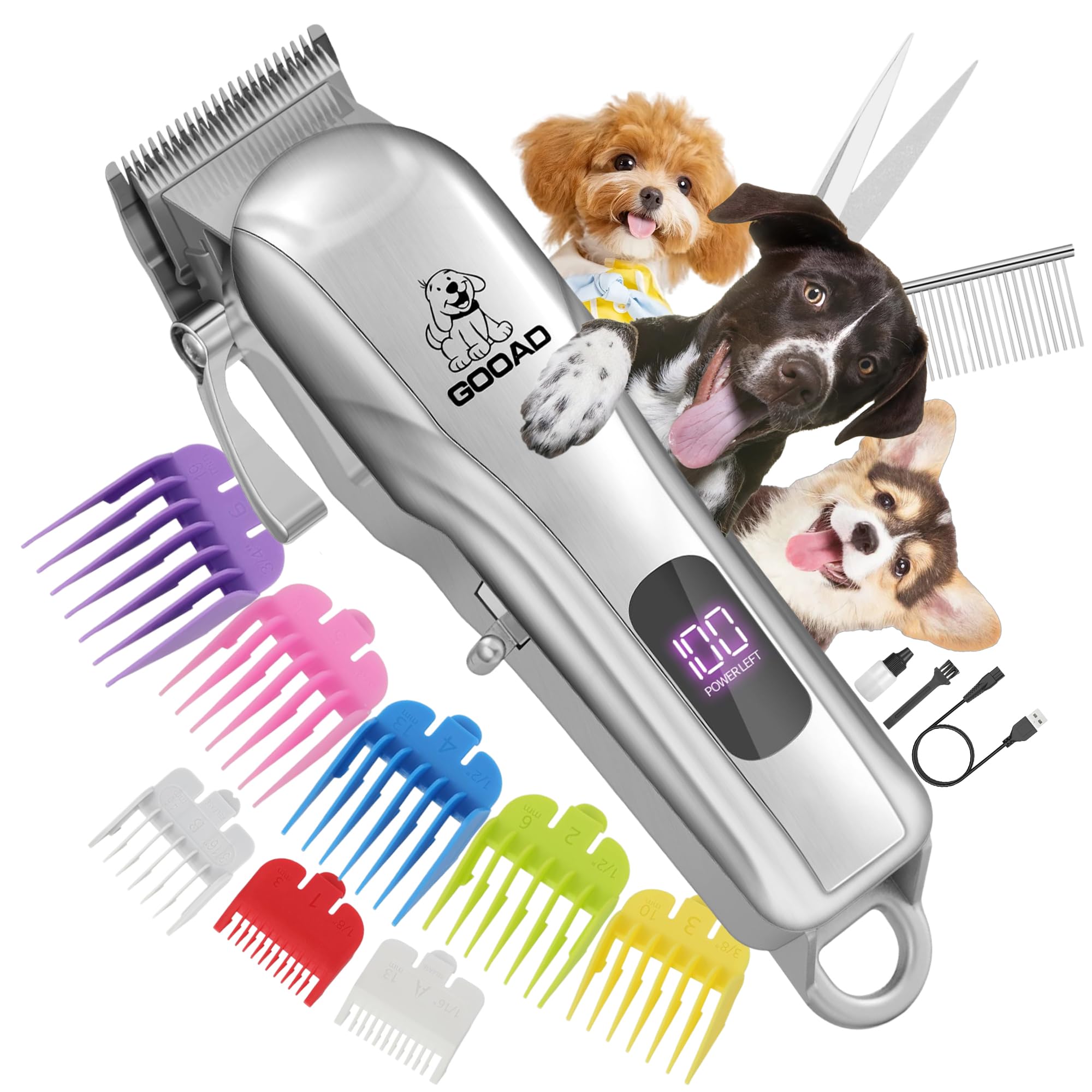 Dog Clippers for Grooming for Heavy Thick Hair&Coats, Dog Hair Trimmer,Low Noise Rechargeable Cordless Dog Grooming Kit Pet Shaver for Small Large Dogs Pets (Sliver)