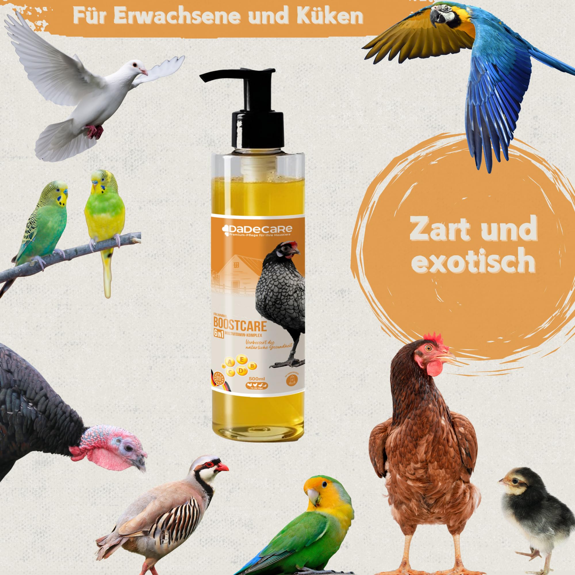 Hühner Vitamine 6-in-1 500ml | Vitamin A-E-D-C-B-K für Hühner Winter & Mauserhilfe | Ergänzendes Futter für Hühner, Küken und Exoten | Vitamin ADEC + mit Dosierer