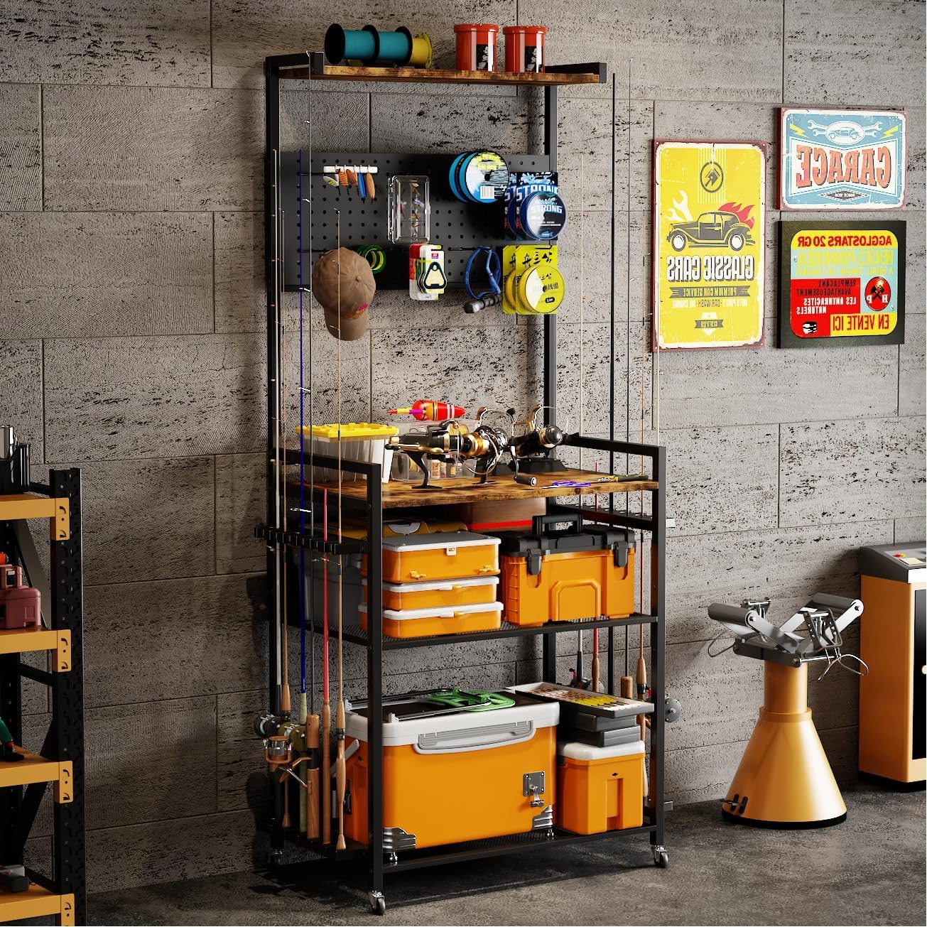 Fishing Rod Holders for Garage, 66*29 Inch Fishing Pole Holders with Hooks and Wheels, Adjustable Height Fishing Rod Rack Storage Organizer for 12 Rods, Tackle Box, Ideal Gift for Dad Anglers