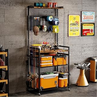 Fishing Rod Holders for Garage, 66*29 Inch Fishing Pole Holders with Hooks and Wheels, Adjustable Height Fishing Rod Rack Storage Organizer for 12 Rods, Tackle Box, Ideal Gift for Dad Anglers