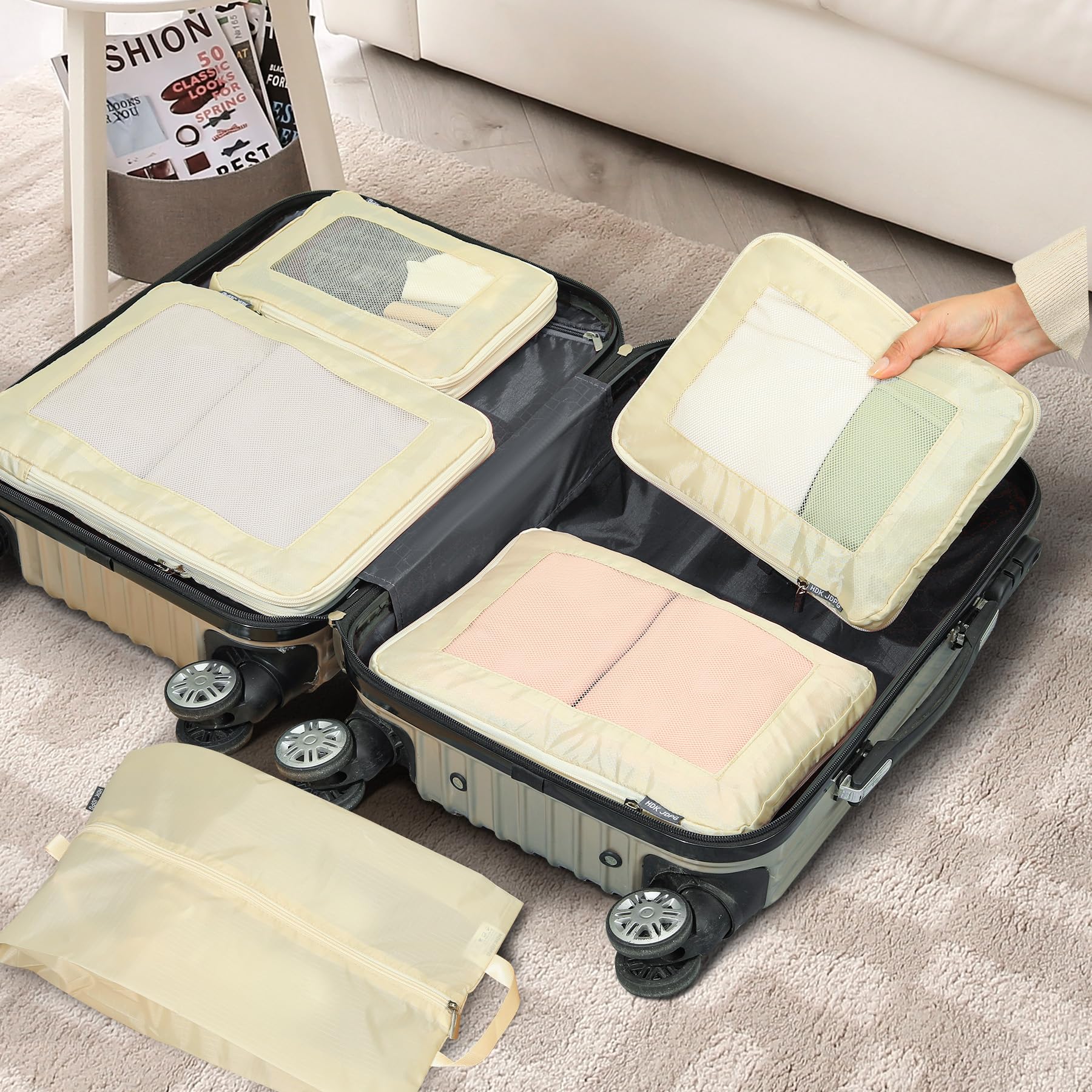 6er-Set Kompressions-Verpackungswürfel für Koffer, komprimierbare Netz-Verpackungswürfel für Reisen, Damen, Reiseutensilien, mit Schuhbeutel und Kordelzugbeutel