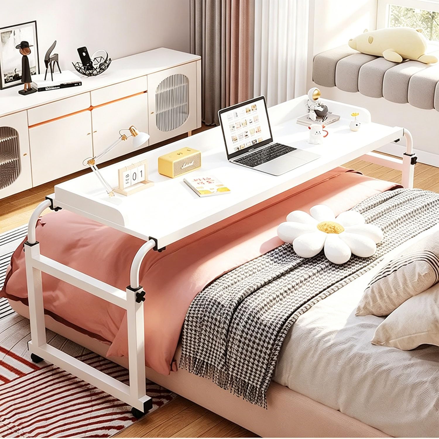 GXQFC Mobile Cross-Bed Laptop Worktable, Height Adjustable Frame Overbed Desk with 3-Sided Anti-Fall Baffle, Lockable Silent Castors, Large Tabletop for Double Bed Bedroom Work & Dining(Color:White)