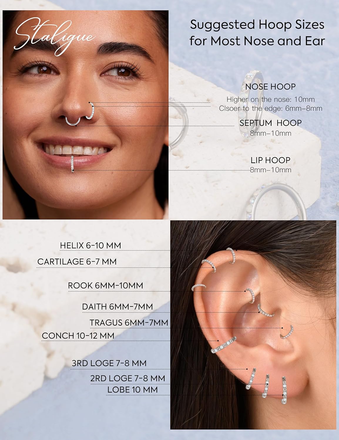 Staligue G23 Titanium Nose Rings Hoops - Opal and CZ 20G Nose Hoops for Women Men, Hinged Nose Ring Piercing Jewelry Septum Clicker Rings Cartilage Earring Conch Helix Piercing Jewelry 6/7/8/10mm - Image 5