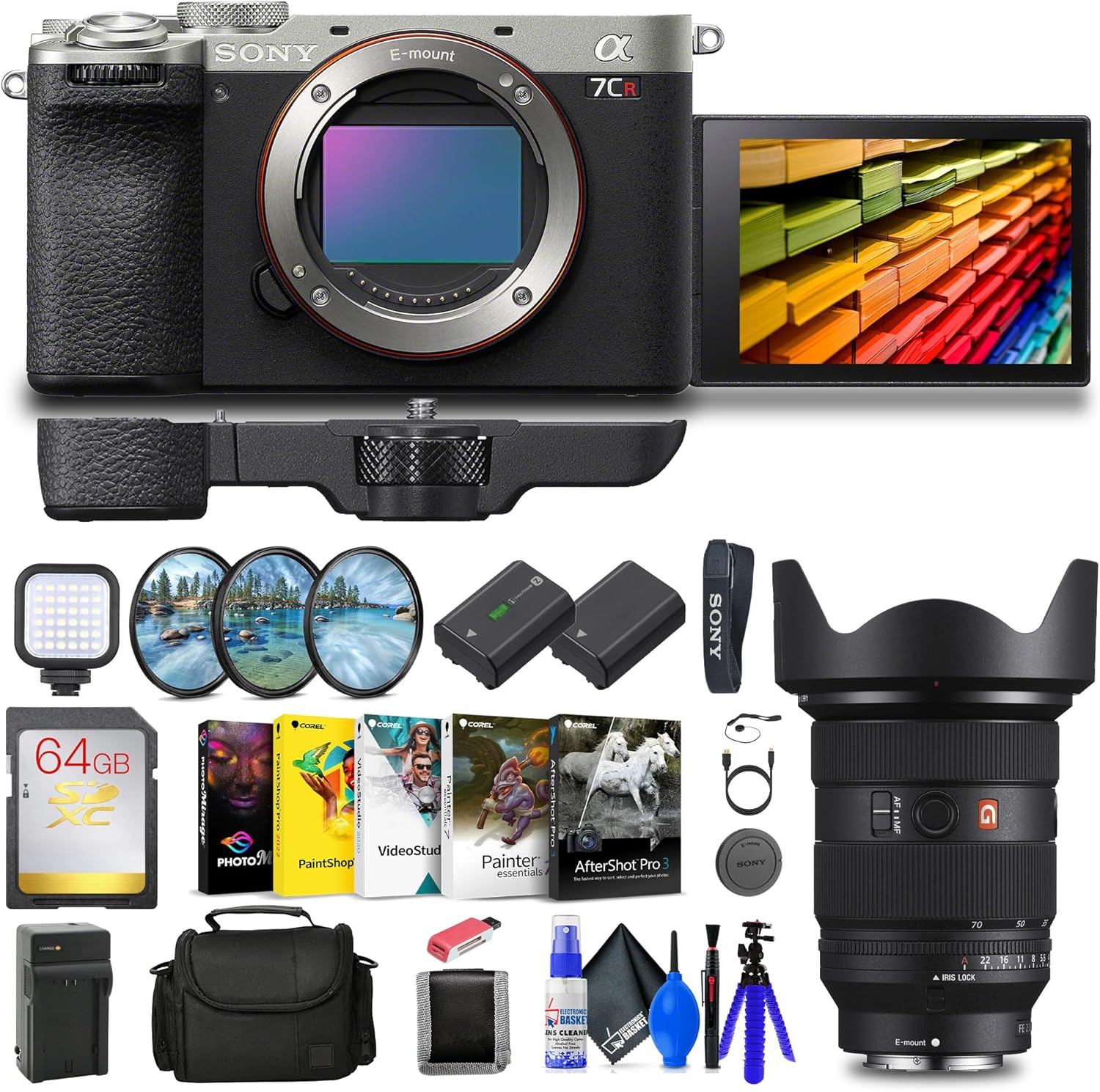 Sony Alpha a7CR Full-Frame Compact Mirrorless Camera (Silver) (ILCE-7CR/S) + Sony FE 24-70mm Lens + 64GB Card + Filter Kit + Bag + NP-FZ100 Compatible Battery + External Charger + More (Renewed)
