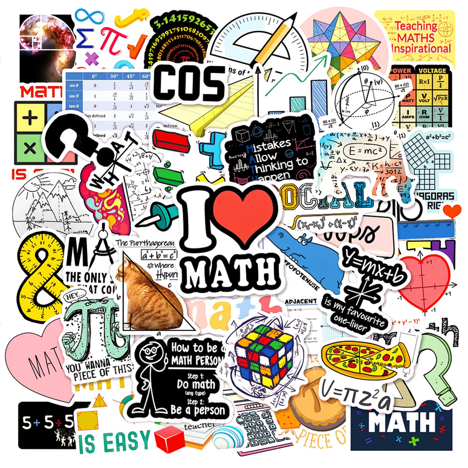 Math Stickers Pack, 50pcs Cute Math Stickers for Kids, Funny Math Gift for Student Teacher, Love Math Decals for Water Bottle Laptop Scrapbook, Math Related Stickers (Math)