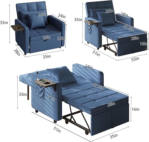 Vista 18 de Vabches Sofá cama 3 en 1 con mesa de ala y puertos USB, silla de terciopelo con respaldo ajustable, fácil montaje, azul