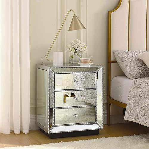 Miniatura 13 de SSLine Mesa auxiliar con espejo de 3 cajones, mesita de noche con espejo, mesa auxiliar de espejo con acabado plateado para dormitorio, sala de