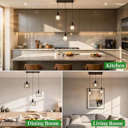 Miniatura 9 de Iluminación Colgante de 3 Luces, Luminaria Colgante Estilo Granja para Isla de Cocina y Comedor, Lámpara de Techo Industrial Vintage con Base E26,