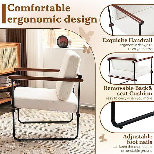 Miniatura 9 de Silla decorativa de tela Boucle de 29 pulgadas para sala de estar, sillón moderno para dormitorio, sillón de lectura tapizado con brazos de metal y