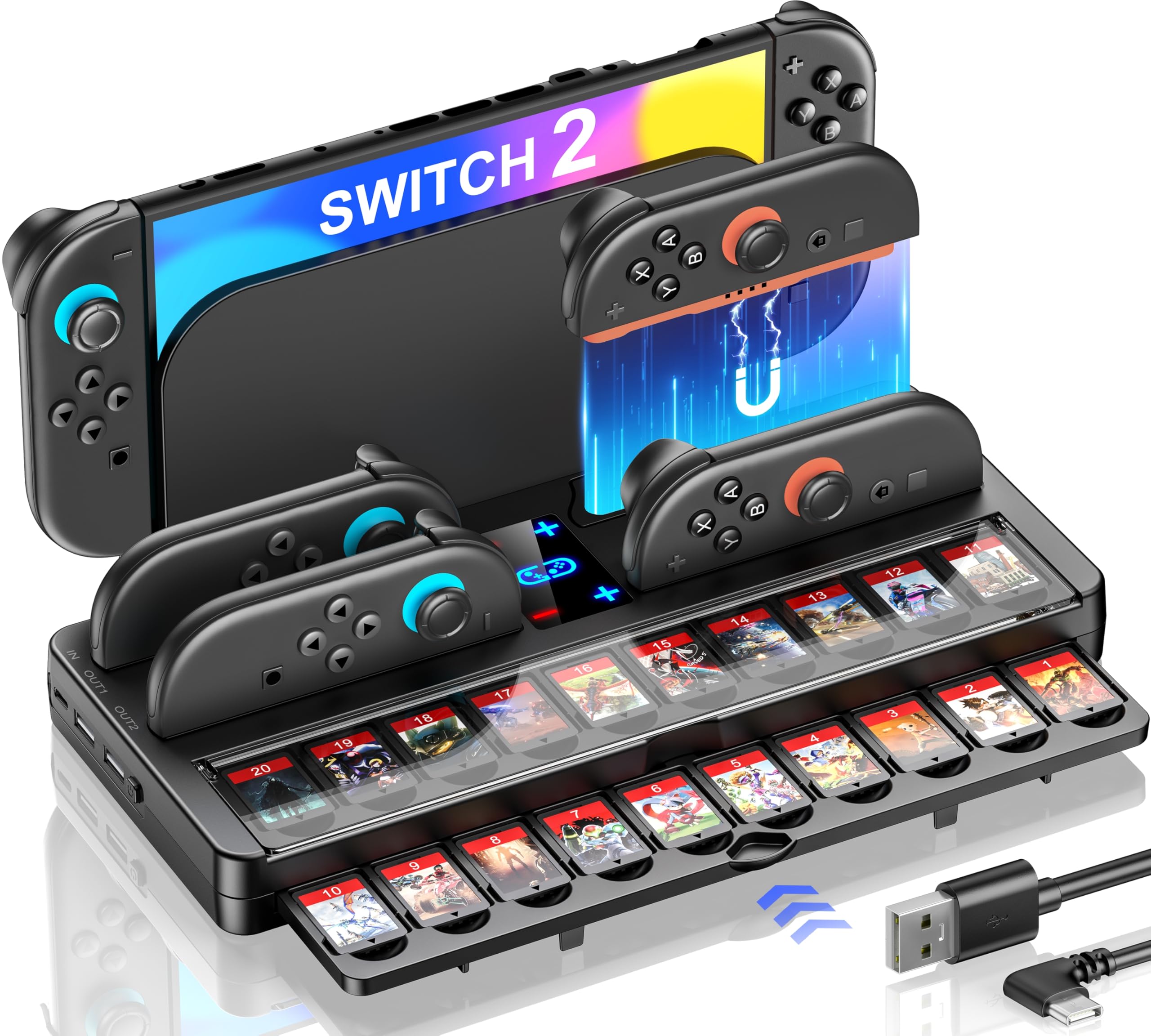 HELLCOOL Ladestation für Nintendo Switch 2 – 4 Joy-Con gleichzeitig Laden, Aufbewahrung für 20 Spielkarten, kompaktes Design, praktische Staubschutzabdeckung – ideal als Organizer für Zubehör
