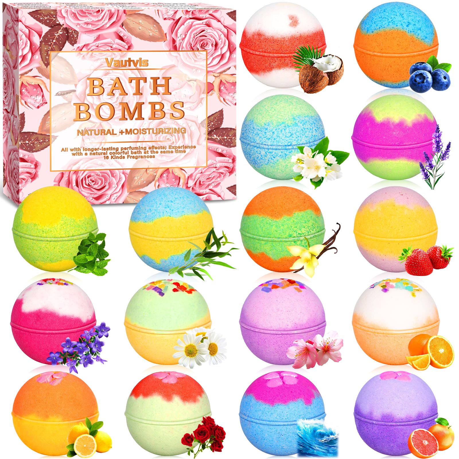 Bombe da Bagno, Set Bombe da Bagno Vasca 16 Pezzi, Palline da Bagno Donna con Olio Essenziale Naturali, Natale Regali Donna, Mamma, Amica