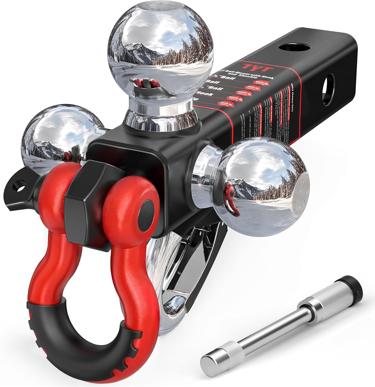 TYT Tri Ball Mount Trailer Hitch ,Fits 2 inch Receiver, Triple Balls (1-7/8", 2", 2-5/16") with Tow Hook & Shackle,10,000lbs GTW,1,000 lbs Tongue Weight, Includes Hitch Pin Lock