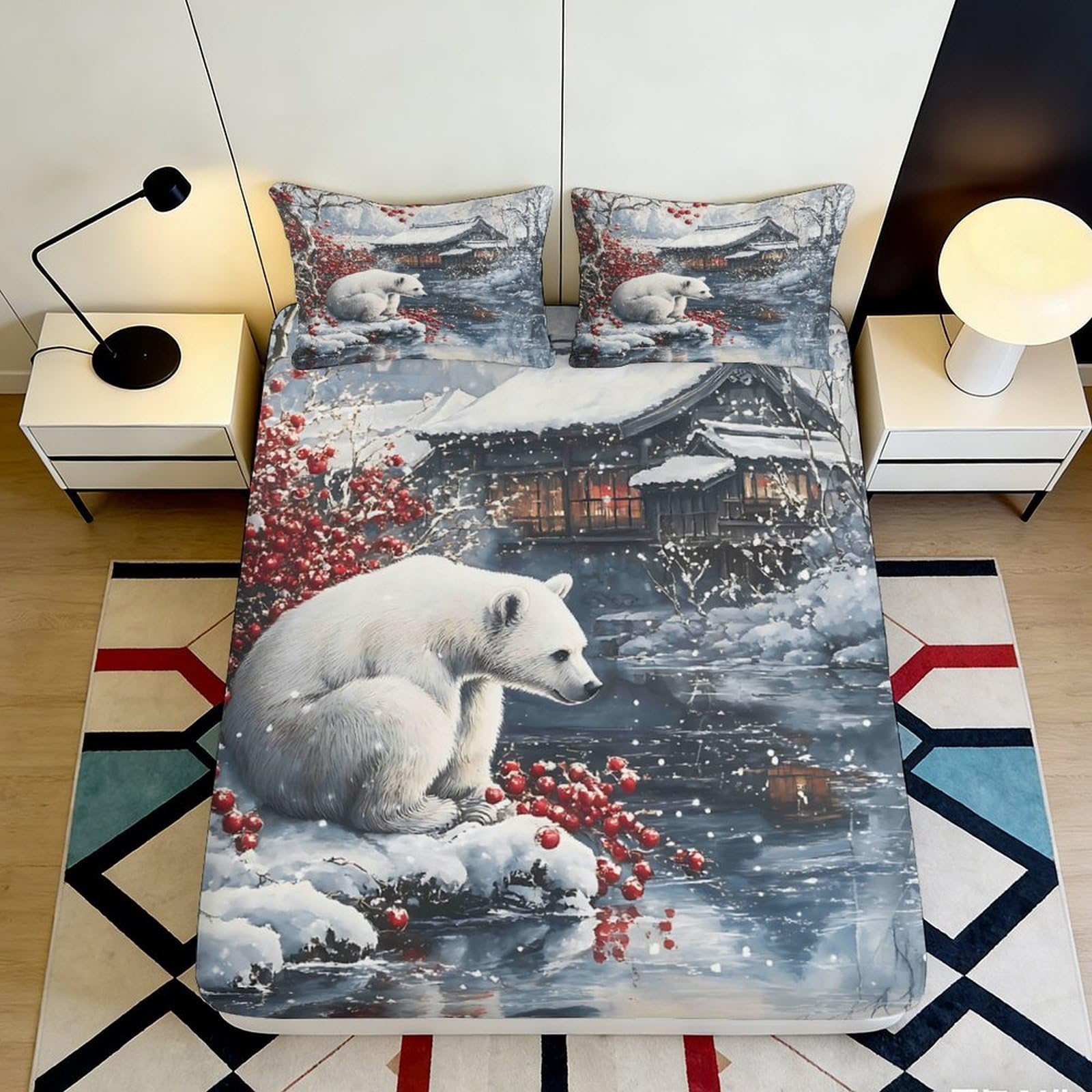 3D Printed Winter Snow Bear Fitted Sheet Microfiber Soft Mattress Cover for Bedroom Guest Room Mattress Protector 200x200x25cm