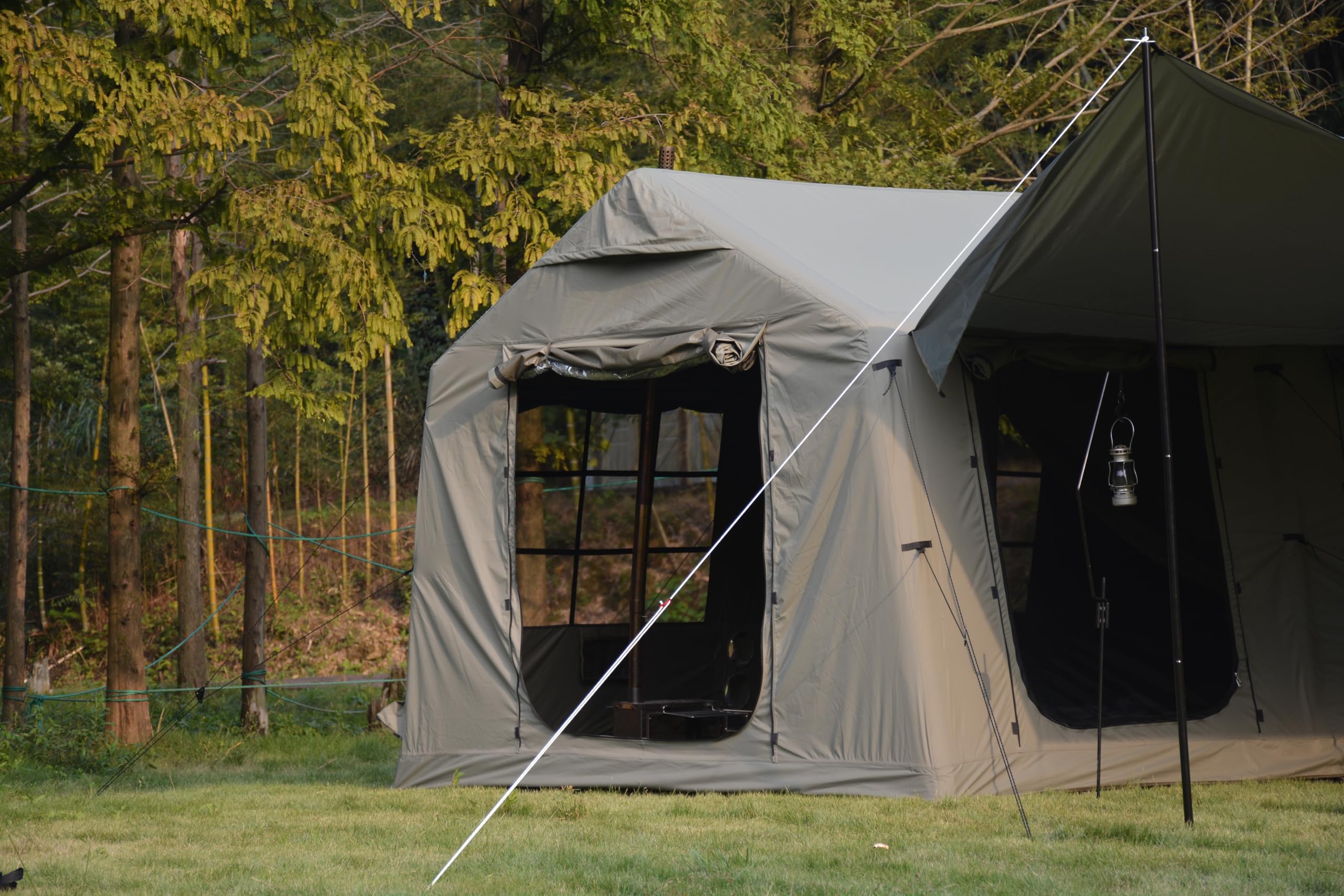 Inflatable Tent for Camping, 7-8 Person Blow Up Tent for Camping with Stove Jack, Hand Pump, Mesh Windows, Waterproof Cloth, Easy Setup, 4-Season Use, 9.84' × 13.12' × 7.55',Army Green