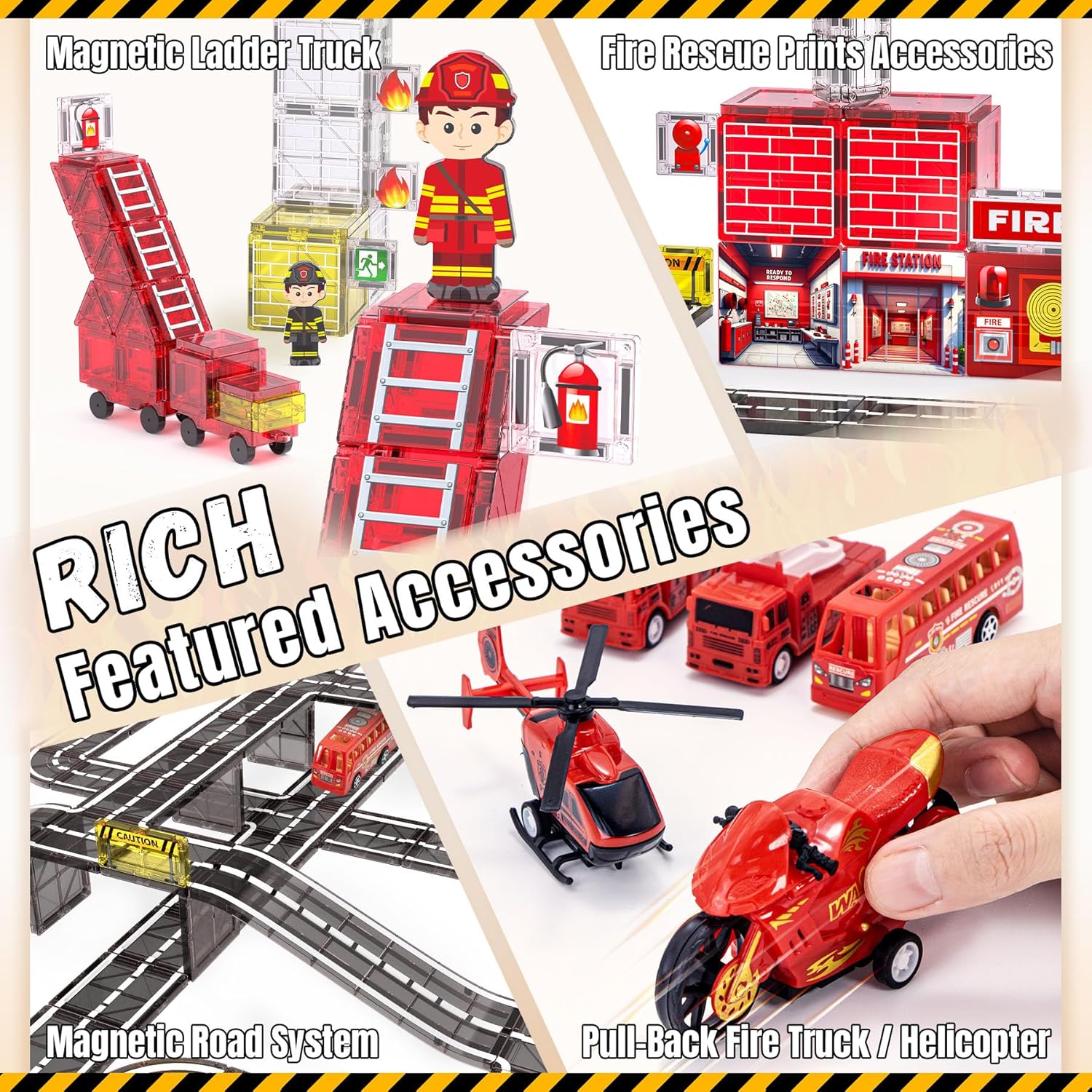 141PCS Magnetic Tiles for kids, Fire Rescue Theme Magnet Tiles with Fire Station & Fire Rescue Vehicles, STEM Magnetic Tiles for Kids Ages 4-8, Preschool Educational Building Toys for Boys & Girls