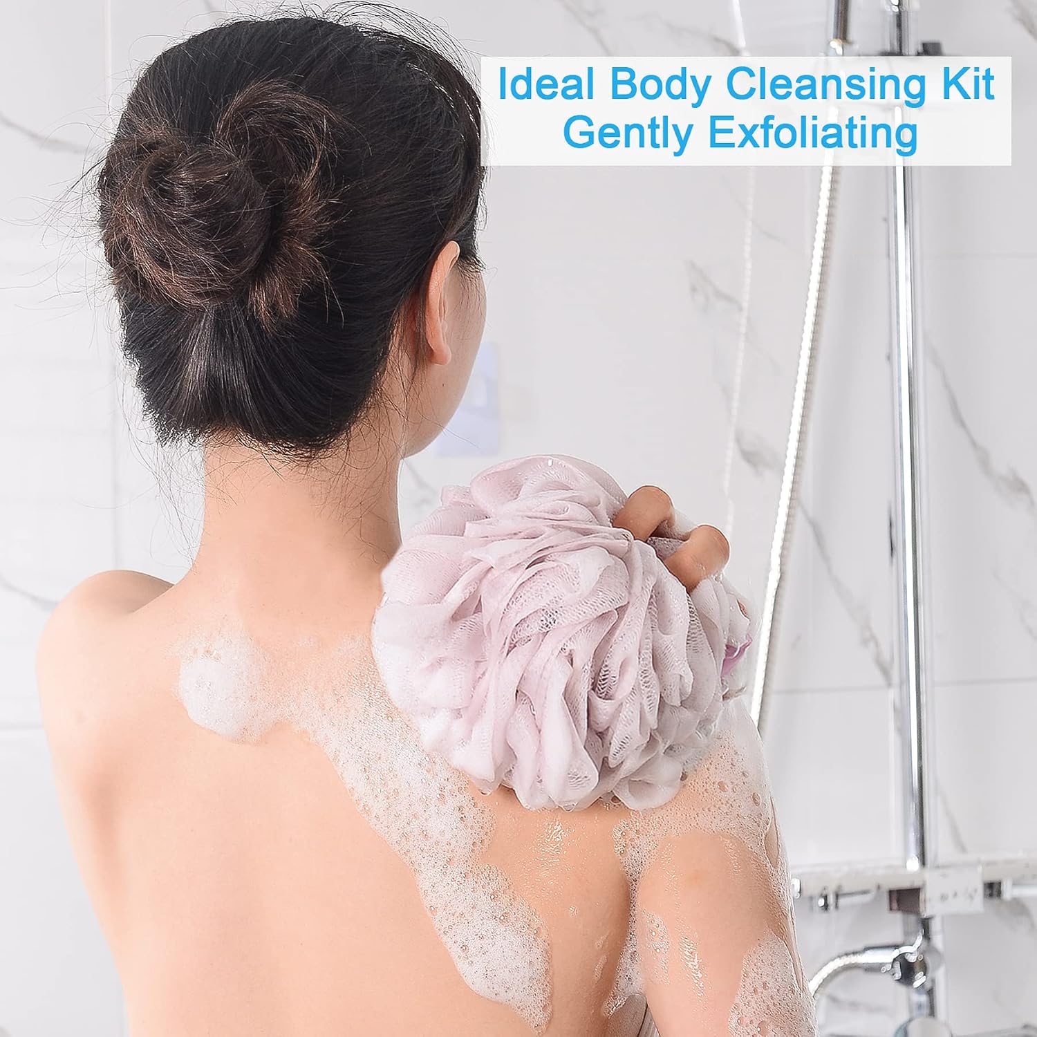 AmazerBath Loofah Sponge 75g/Piece, Exfoliating Bath Sponge Body Scrubber - Loofa Set of 4 Grey Blue-Pink-Grey-White (Large)