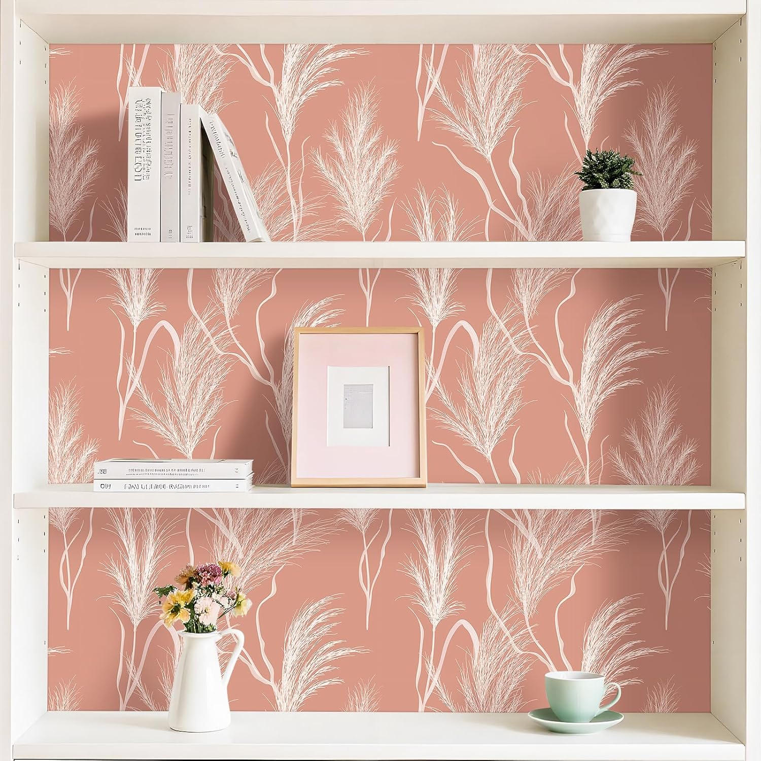 FunStick 17.5"x354" Brown Pink Botanical Peel and Stick Wallpaper Boho Pampas Grass Leaves Floral Self Adhesive Contact Paper Decorative Pink and White Wallpaper for Girls Kids Room Bathroom Walls