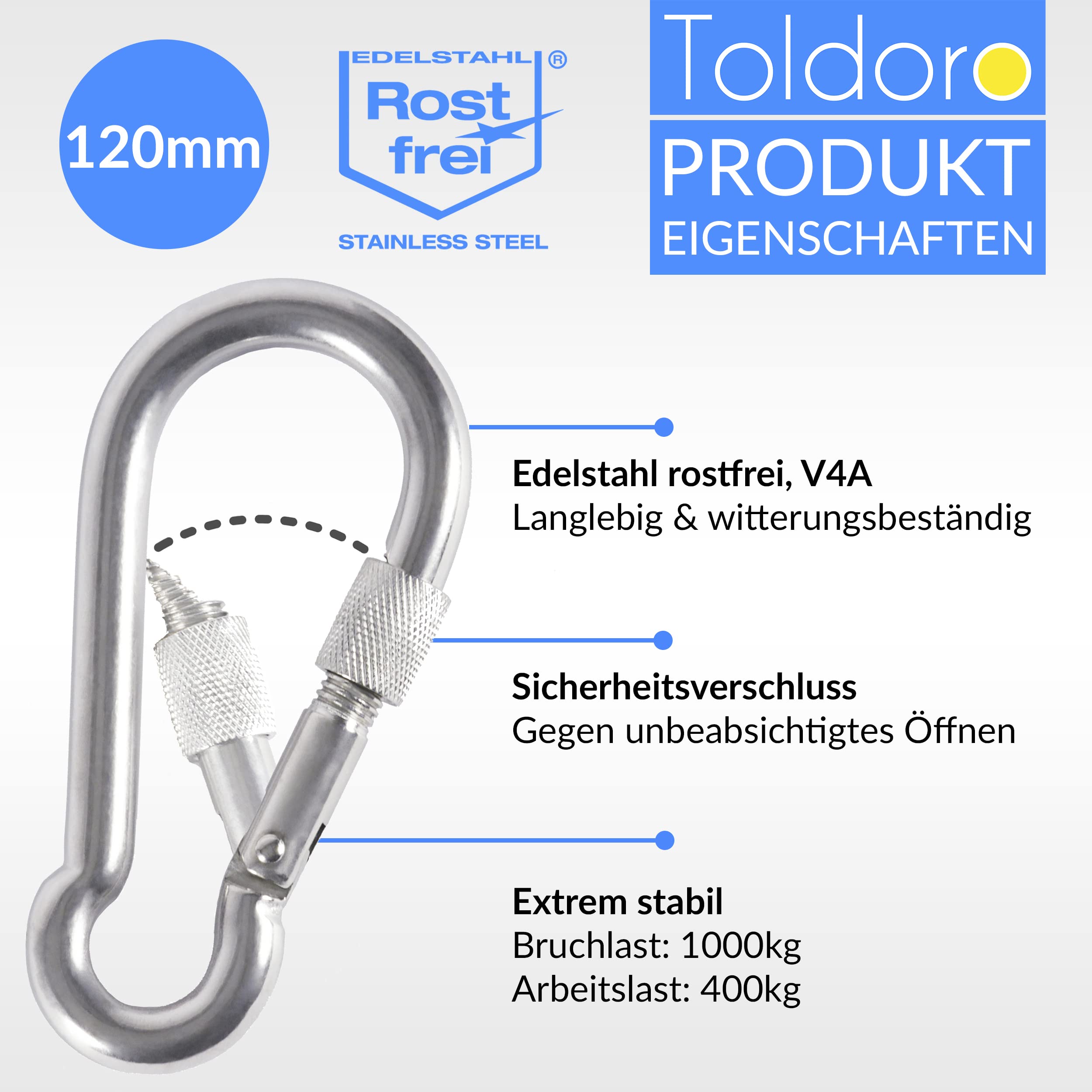 Toldoro® 10x Edelstahl Karabiner mit Schraubverschluss 120mm Rostfrei - NIRO AISI 316 V4A / Karabinerhaken Klein für Schaukel, Hängematte oder Sonnensegel/Schraubkarabiner, Bruchlast 1000kg