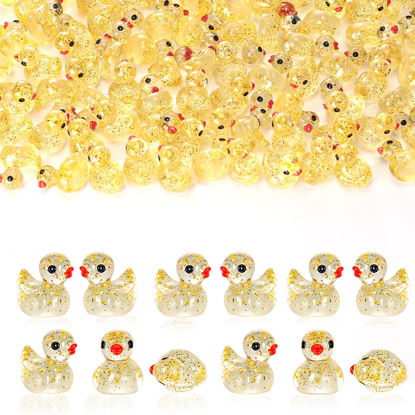 Cozary 100 Pieces Mini Resin Ducks, Miniatures Resin Duck Figures, Mini Ducks for Aquariums, Garden Ornament in Miniature Landscape Decoration DIY Crafts, Yellow Glitter
