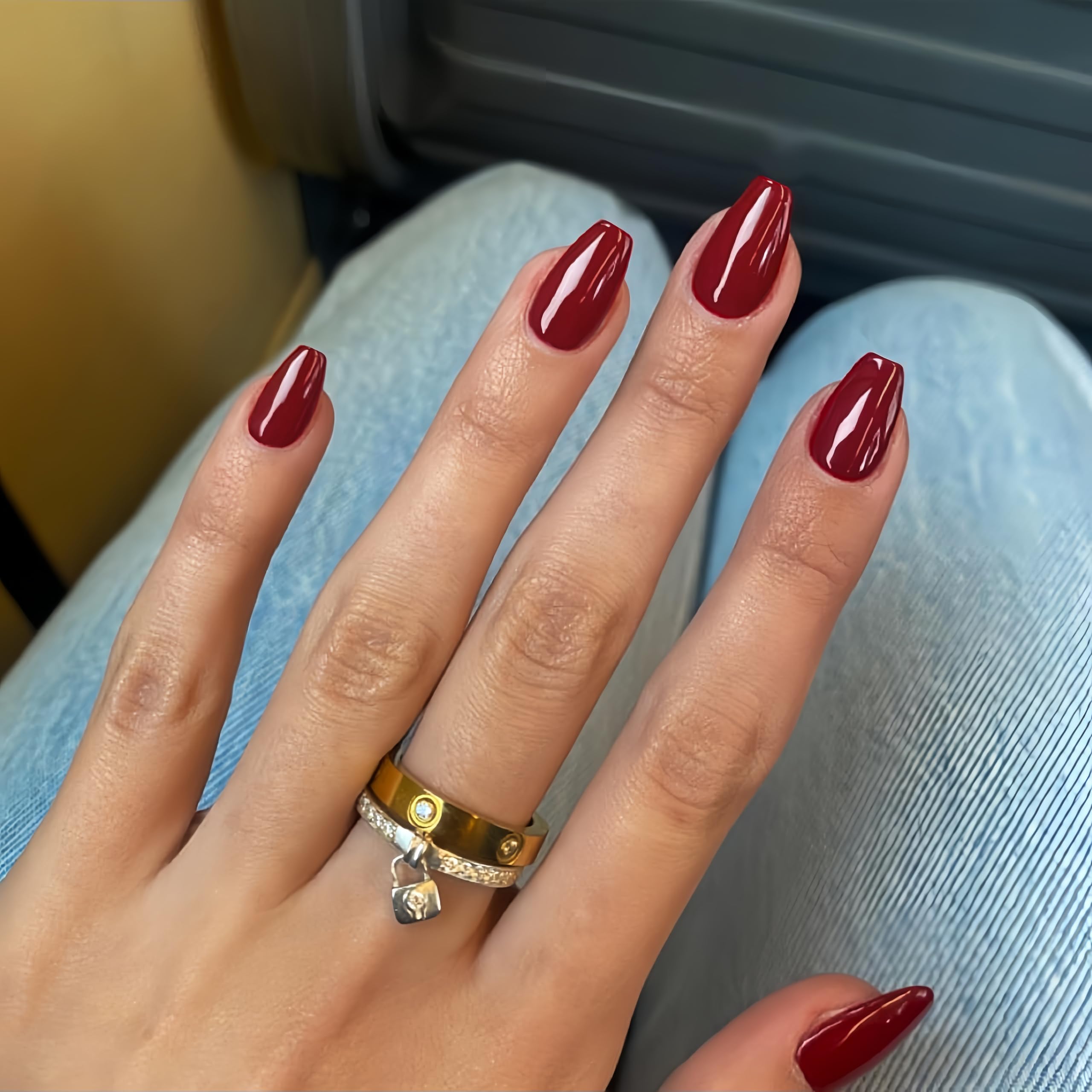 KQueenest Acrylic Press on Nails Short Medium Coffin, Wine Red False Nails Short Ballerina